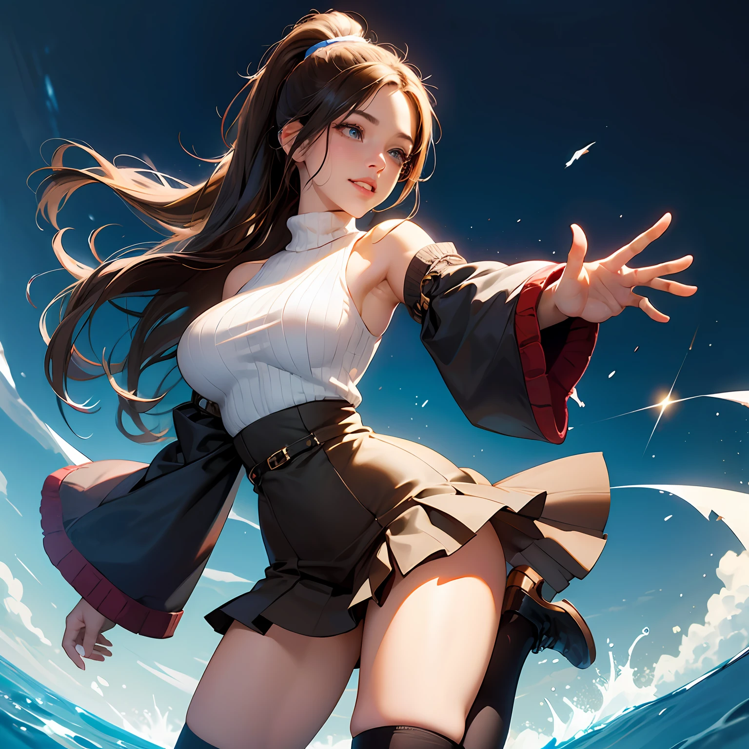 high image, super detail, high resolution, anime, manga, illustration, black knee high socks, thighs, beautiful woman, amorous expression,  look, laugh like a prankster, happy, shy, alluring moist half open lips, flowing layered messy half-up knitting light brown ponytail hair style, sparkling blue eyes, , under boob, great proportion, perfect proportion, slender, full body, knit dress flared mini skirt --auto