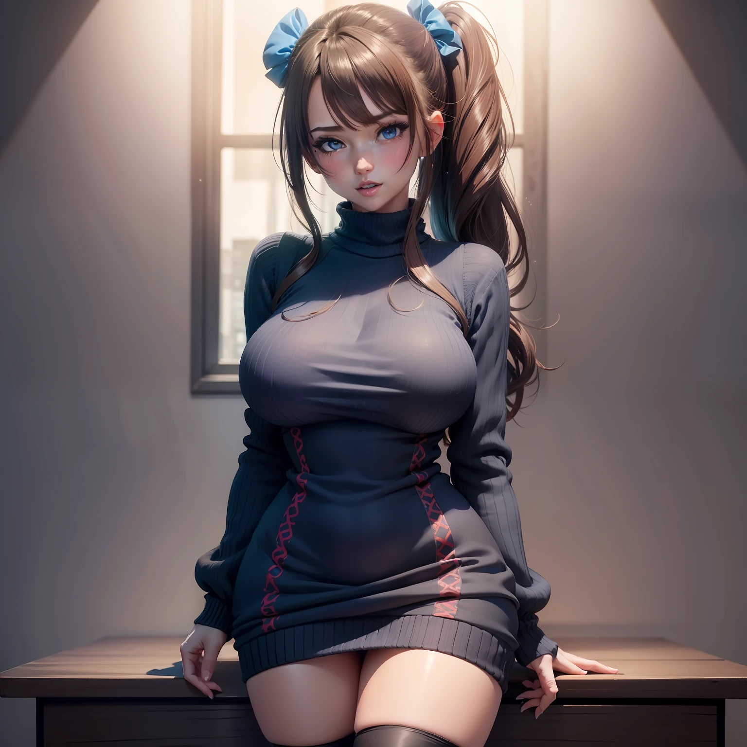 high image, super detail, high resolution, anime, manga, illustration, black knee high socks, thighs, beautiful woman, amorous expression, seductive look, laugh like a prankster, happy, shy, alluring moist half open lips, flowing layered messy half-up knitting light brown ponytail hair style, sparkling blue eyes, huge breasts, under boob, great proportion, perfect proportion, slender, full body, knit dress flared mini skirt