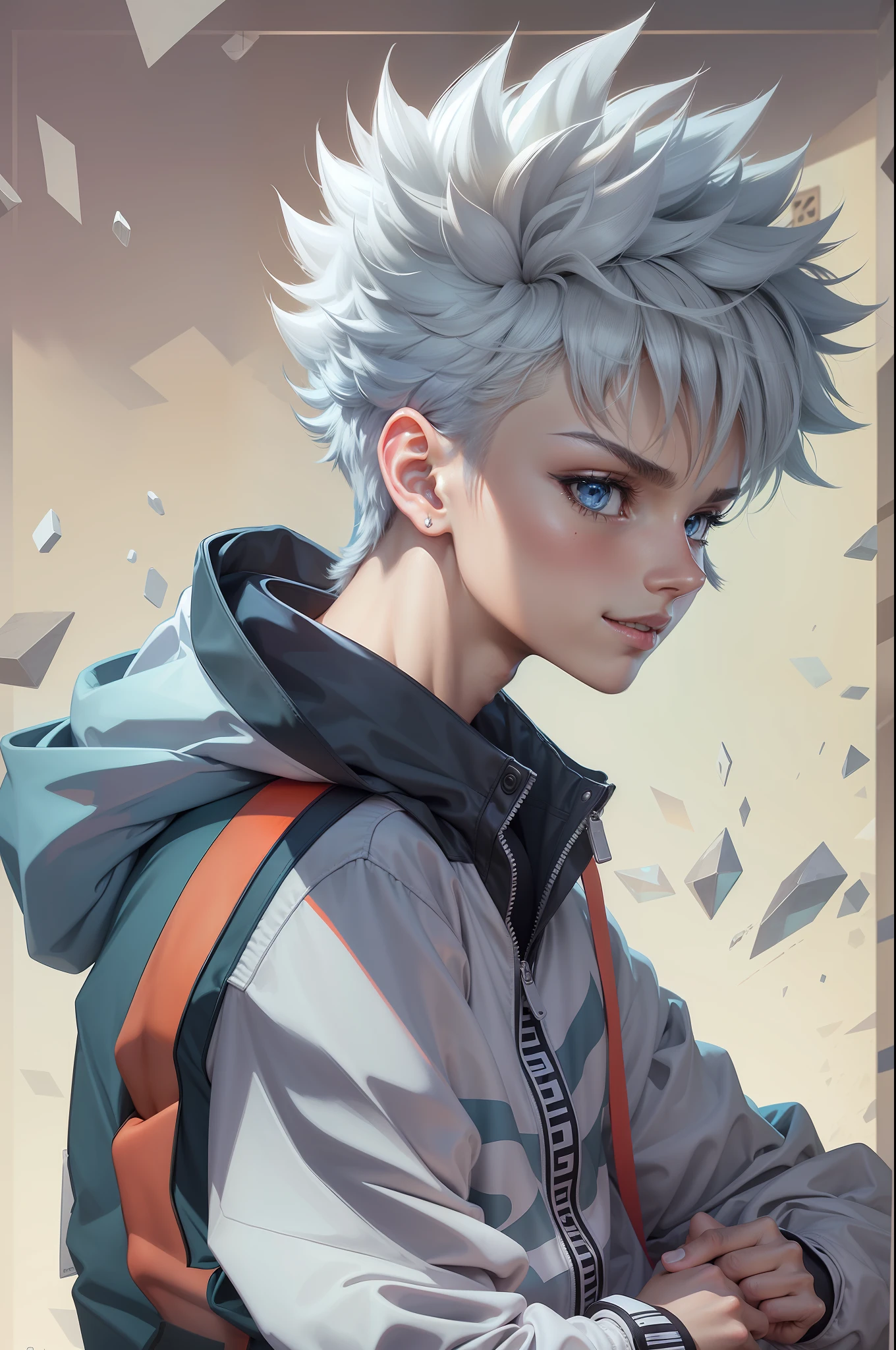 Create an ultra HD, super detailed anime-style artwork featuring a character inspired by Killua from Hunter x Hunter. This character is , with a stylish undercut hairstyle, shirtless, and displaying a well-defined physique. The artwork should showcase the character's entire body, wearing fashionable clothing including a hooded jacket, jogger pants, and stylish Adidas-like sneakers.
The focus should be on creating a visually captivating and endearing portrayal of the character, with an adorable smile. The image should be meticulously crafted, capturing every intricate detail of the character's appearance, and showcasing the unique and stylish fashion choices. The goal is to bring to life an anime version of Killua that exudes charm, style, and youthful energy in the most stunning and captivating way possible.