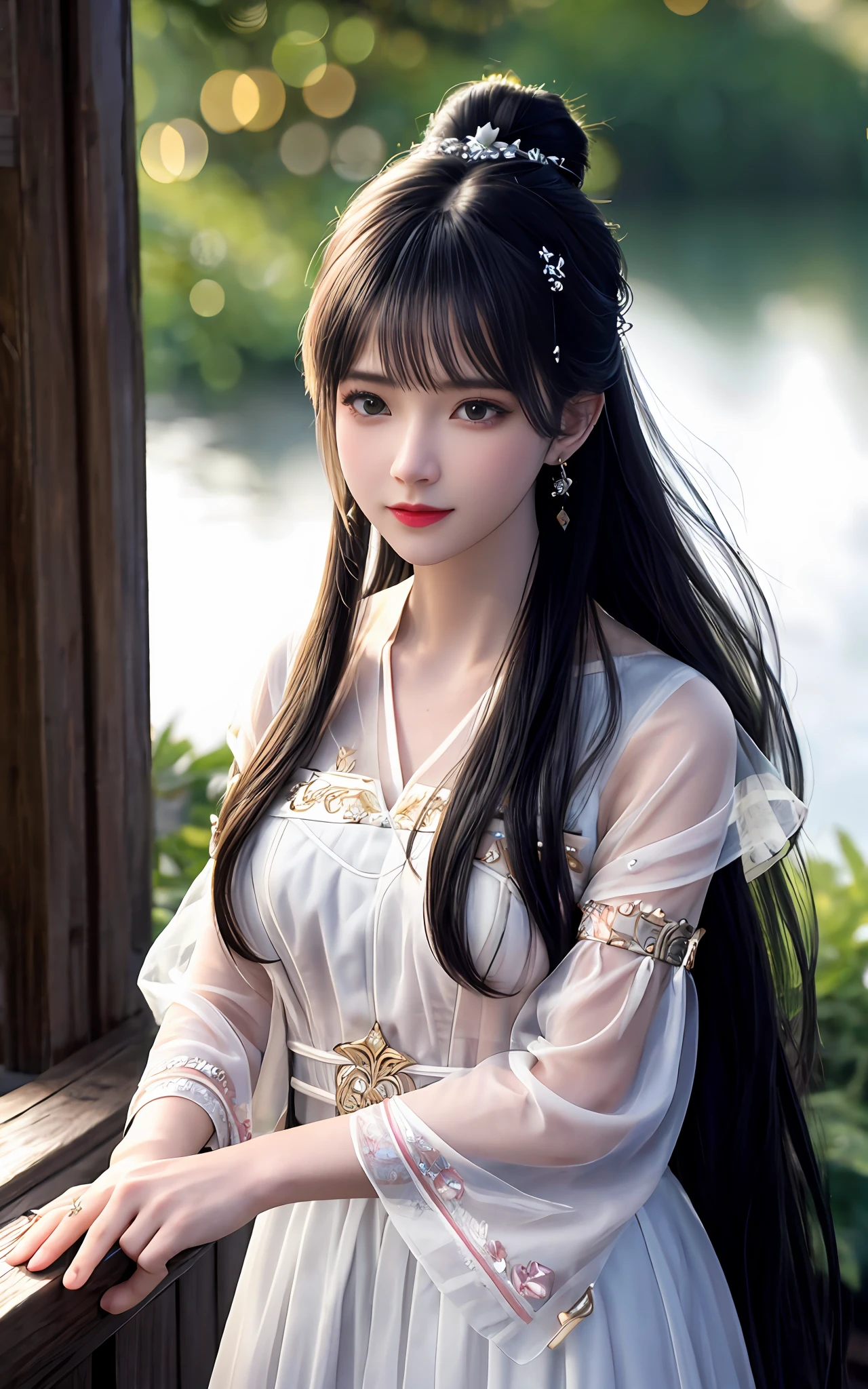 (realisticity: 1.2), best quality, masterpiece, highres, cg,
1girl, weapon, sword, long hair, dress, water, solo, jewelry, white dress, earrings, hair ornament, splashing, upper body super realistis, hair bun, black hair, city bacgraun realistis,
lighting,candid, Photograph, high resolution, 4k, 8k, Bokeh,