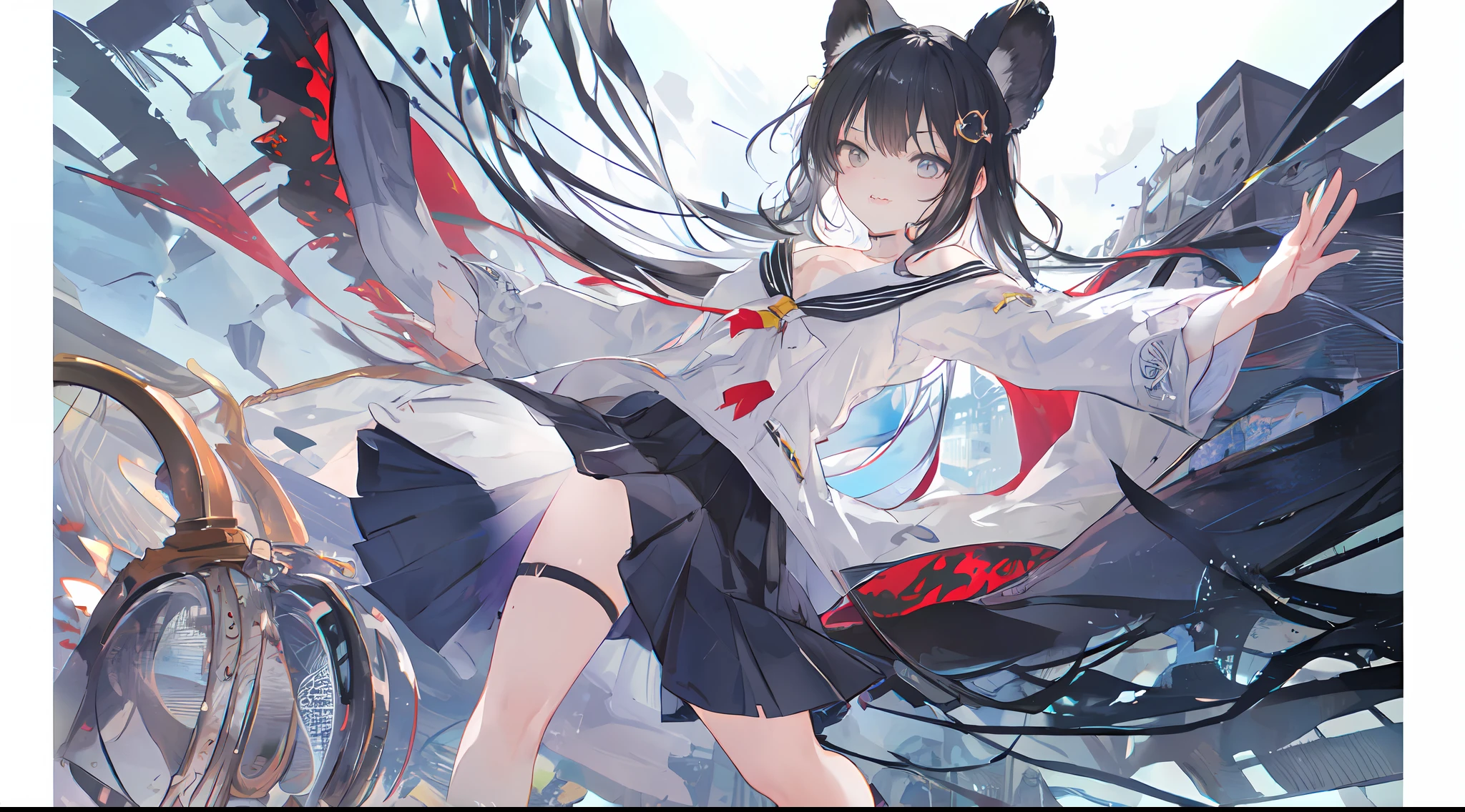 ssmile,Half cover your face,Ark of tomorrow style,finely quality eyes,good eyes looking,Heterochromic pupils,solo person,Ark of Tomorrow,one-girl,Black off-the-shoulder sweater, backless outfit,Starry sky,clusters of stars,Ray tracing,{Best quality}, {{Masterpiece}}, {A high resolution}, Original, Extremely detailed 8k wallpaper, {An extremely delicate and beautiful},,incredibly_absurderes,Colorful,intricately details,art book,,incredibly_absurderes,Ray tracing,Perspective,Wide shot,Overall view,,A high resolution,Game CG,short_Hair,cat_hor ears,White_Hair/White_Eyes,Detail fingers,Hands in hair,pigeon-toed,Pout,Blush,Eyes visible through hair,off-shoulder sweater,White_wind coat,Superskirt,White pantyhose,White cat ears,(((long white hair))),White tail,reaching out her hands,W cut sitting position,(((a black trench coat))),(((White sailor collar))),White pupils,Black hairpin,Post-industrial buildings,4K,Master picture quality,Texture,Ark of tomorrow style,On the ground lay the West Sword,eventide,Blood-red sunlight,Black backpack,((((Short black skirt)))),black sneaker shoes,full bodyesbian,long and flowing hair,Smiling,Squint,The ultimate in facial depiction,The ultimate body depiction,The ultimate hair depiction ,There are lanterns on the ground,is shy,in a panoramic view,The ultimate scenario description,Pout,Beautiful_face,Beautiful detailed eyes,One eye is white,One eye closed ,Earphone,Beautiful detailed sky,reflective light,Ray tracing,Sunlight,(Maid dress),Sailor dress,Sleeves,beautiful detailed water,Beautiful detailed sky,god light,depth of fields,Normal body,Normal posture,Front view,Absolutely good light and shadow,Detailed sky,baiyun,the sunset,(((城市,starlights,rios,darkly))).{Best quality}, {{Masterpiece}}, {A high resolution}, Original, Extremely detailed 8k wallpaper, {An extremely delicate and beautiful},,Ray ,{Best quality}, {{Masterpiece}}, {A high resolution}, Original, Extremely detailed 8k wallpaper, {An extremely delicate and beautiful},,i