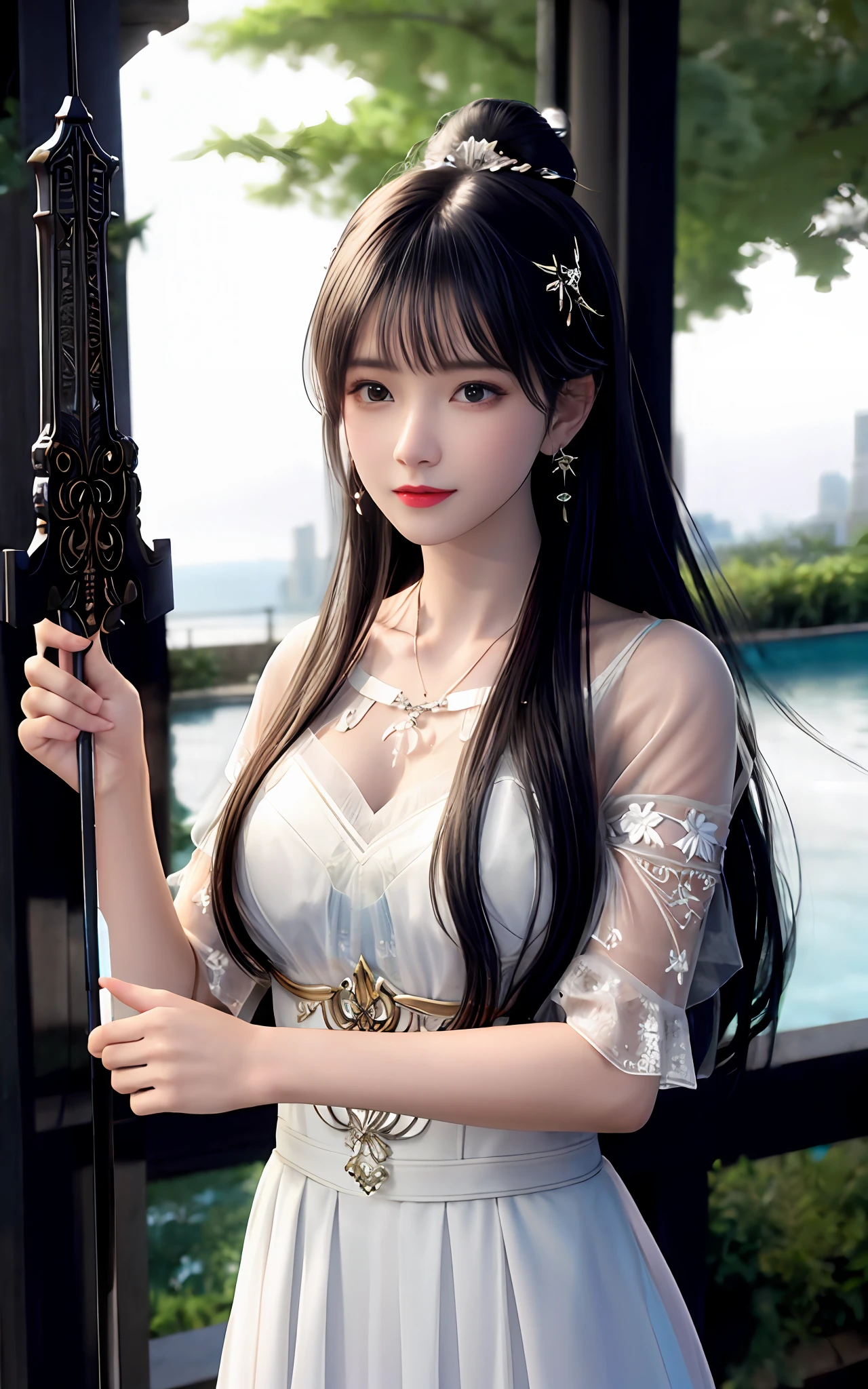 (realisticity: 1.2), best quality, masterpiece, highres, cg,
1girl, weapon, sword, long hair, dress, water, solo, jewelry, white dress, earrings, hair ornament, splashing, upper body super realistis, hair bun, black hair, city bacgraun realistis,
lighting,candid, Photograph, high resolution, 4k, 8k, Bokeh,