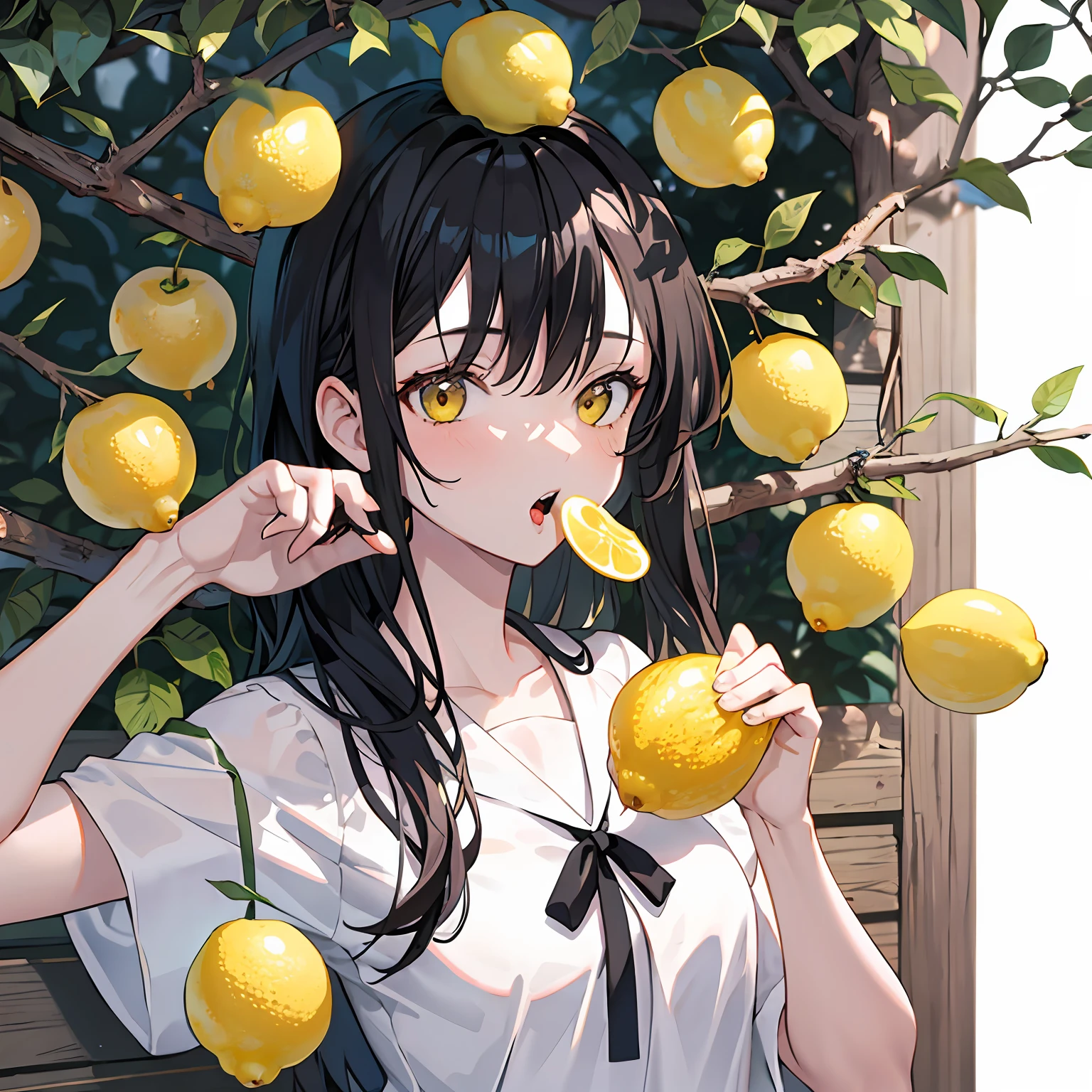 lemon tree,1girl,tree branch on head,wooden hands,branch,fractral,eat