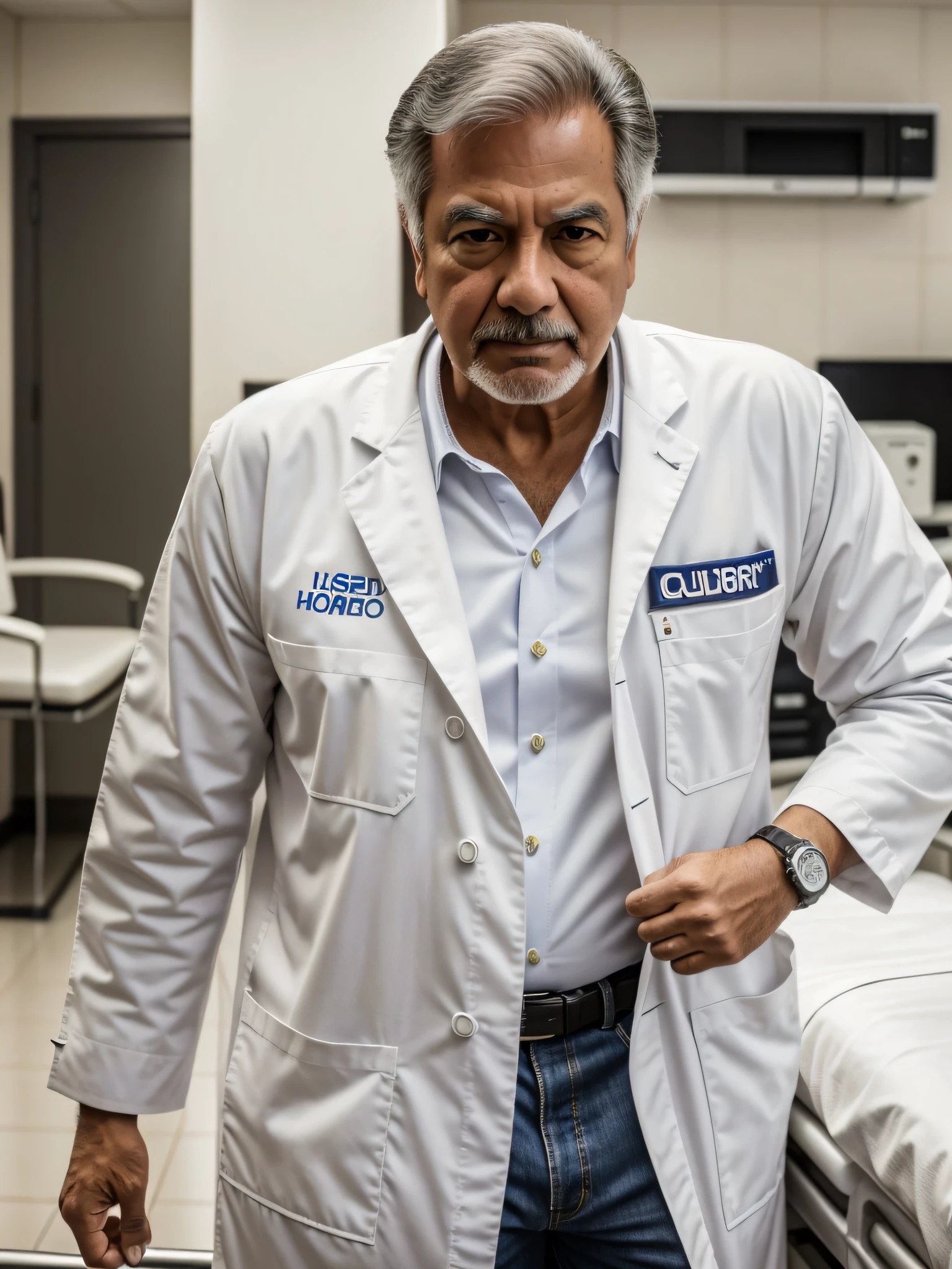 (quero um Doutor homem ) de ( usando jaleco branco: 1.3) no (hospital: 1.1) , ((foto: 1.05)) , fotografia: 1.2 , doutor renomado