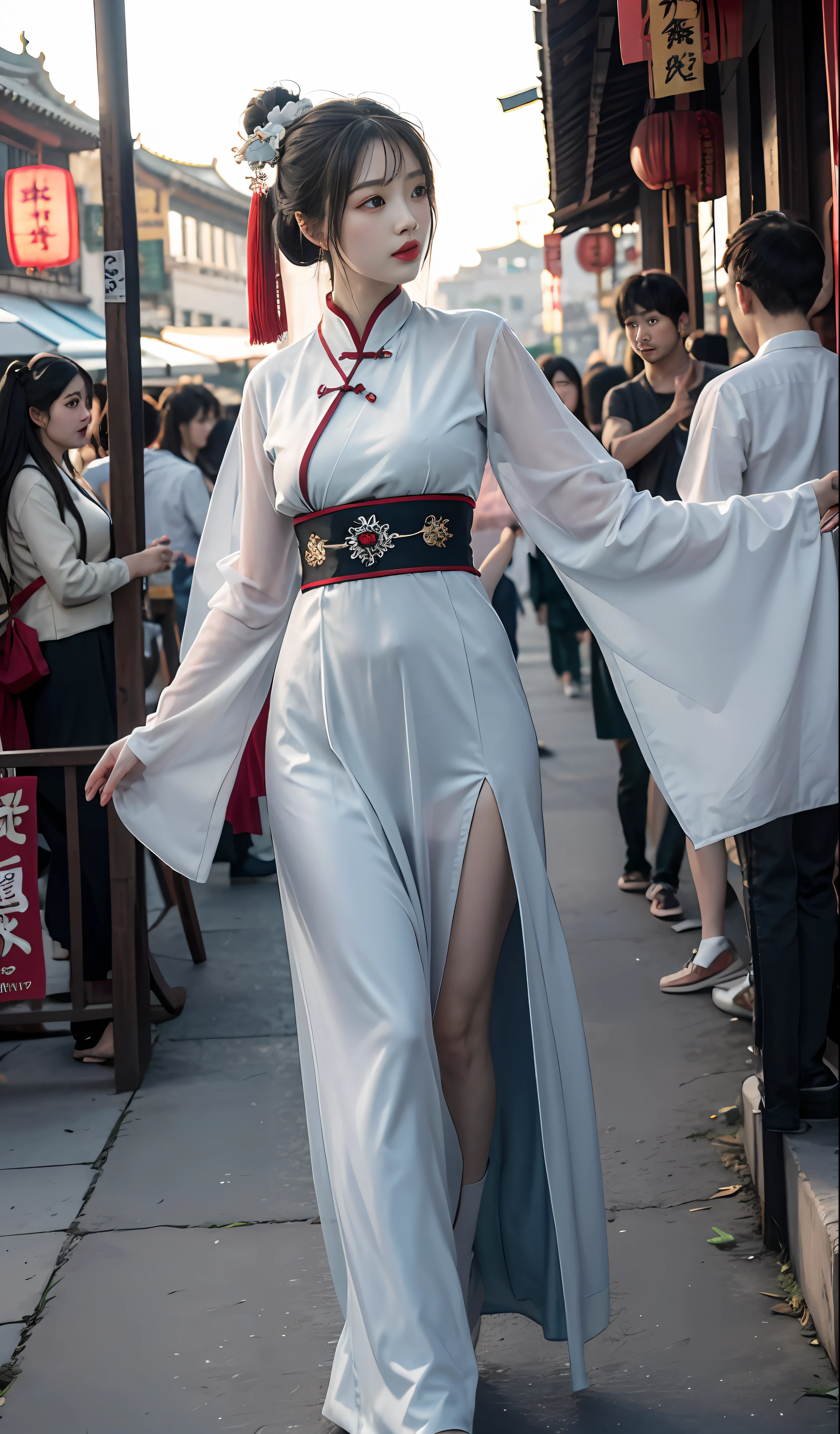 hyper realisitc，Realistis，plumw，Bigchest，slenderlegs，China-style，Hanfu，Tulle clothes，Ancient Chinese street markets，Dignified，ellegance，Noble，Song Dynasty，the Tang Dynasty