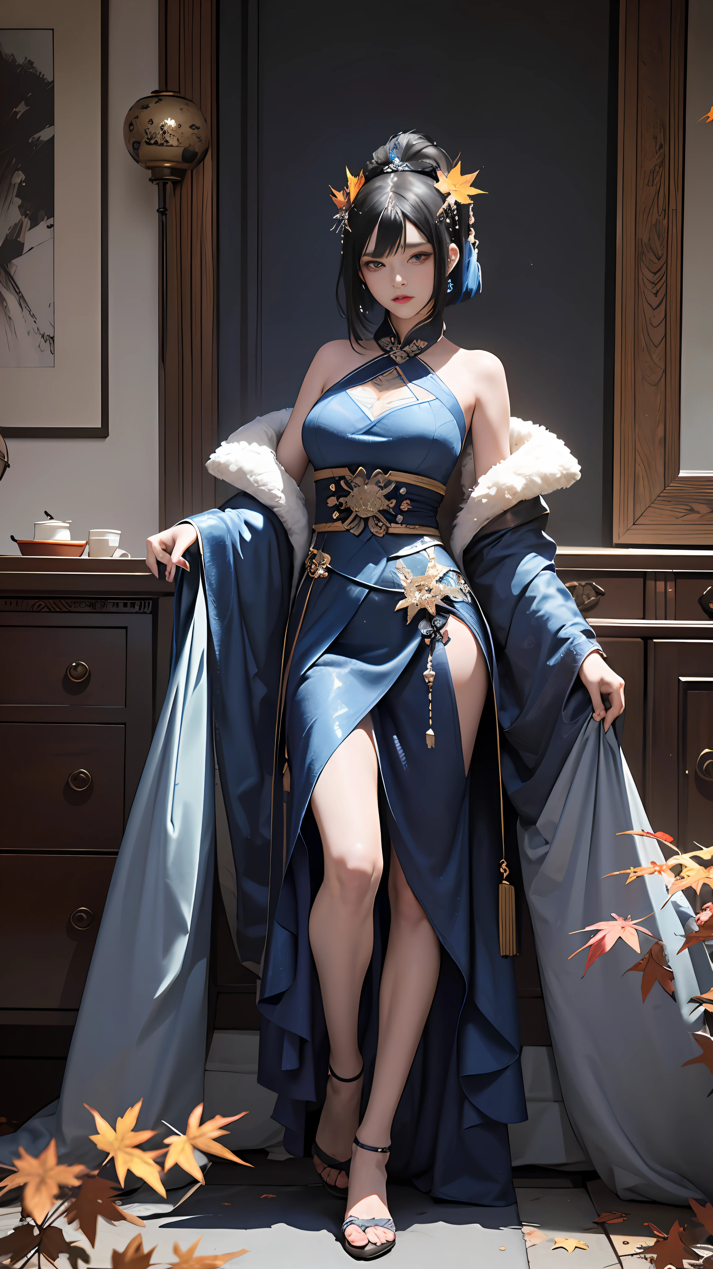 offcial art,Unity 8k壁纸,ultra - detailed,aestheticly pleasing,big breasts beautiful,tmasterpiece,best qualtiy, mistic, romanticism lain, An air of terror, Literary, Artistically, Fashionab, Tang Dynasty era, decor, iintricate, Embroidery,Blue suit,Blue tulle coat,1girll,Black color hair,blue hair ornament,A sense of fatalism,Bust composition,Dramatic composition,电影灯光,dynamic viewing angle,Raised sexy,full of seduction,Maple Grove,Maple leaves fall,The clouds are thick,Dramatic composition,,Full body like,long leges