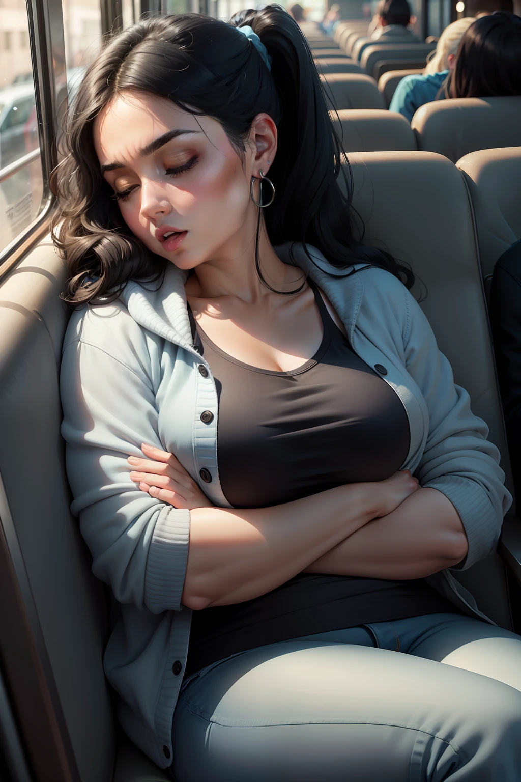 1 beautiful woman, large body, 40-year-old lady, eyes closed, Latina female, made-up face, disheveled, long eyelashes, short ponytail, black hair, made-up eyelids, eyelids outlined with make-up, open mouth, BLACK SWEATER WITH NECKLINE, light blue jeans, LIGHT BLUE JACKET OVER THE SWEATER, small earrings, asleep with her mouth open, asleep leaning on the bus seat, arms crossed, mouth wide open, nodding.