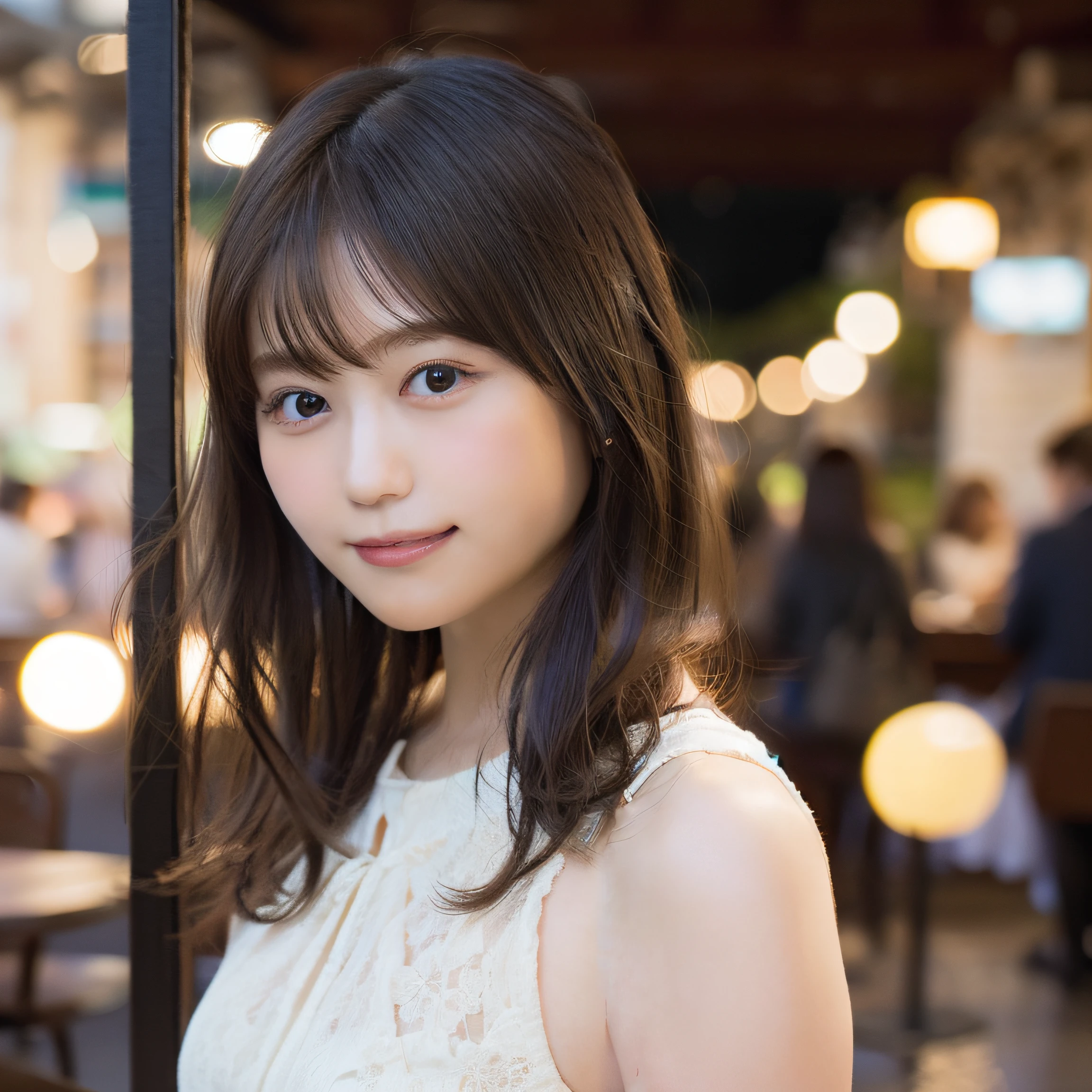 8K,Best Quality, 超A high resolution, (Photorealistic:1.4), masterpiece、Raw photo, (upper thigh:1.4, From Side:1.1), (Bokeh:1.4), (in a suite),Waterside Cafe, 1日本人の女の子, Cute, (Solo:1.6), (Shy smile), (Dark eyes:1.2:1.2), Smooth skin, (Brown medium hair,Bangs), (touch hair:1.4),nogizaka,a park,Fashionable clothes、full bodyesbian:1.2、Supple fingers、