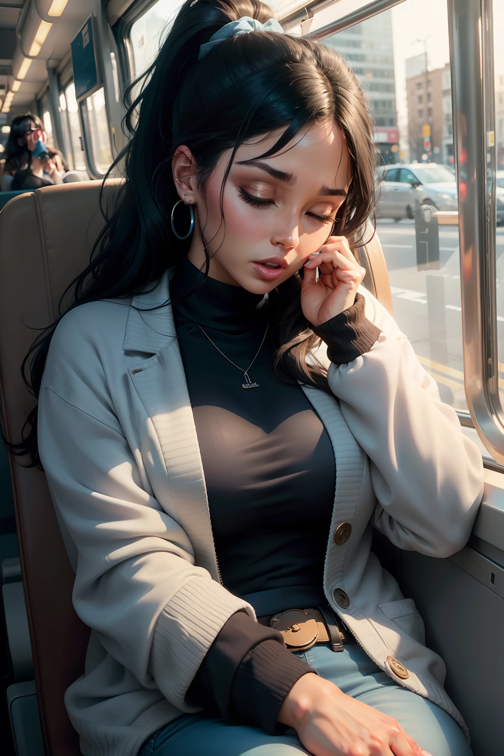 1 beautiful woman, large body, 40-year-old lady, eyes closed, Latina female, made-up face, disheveled, long eyelashes, short ponytail, black hair, made-up eyelids, eyelids outlined with make-up, open mouth, BLACK SWEATER WITH NECKLINE, light blue jeans, LIGHT BLUE JACKET OVER THE SWEATER, small earrings, asleep with her mouth open, asleep leaning on the bus seat, arms crossed, mouth wide open, nodding.