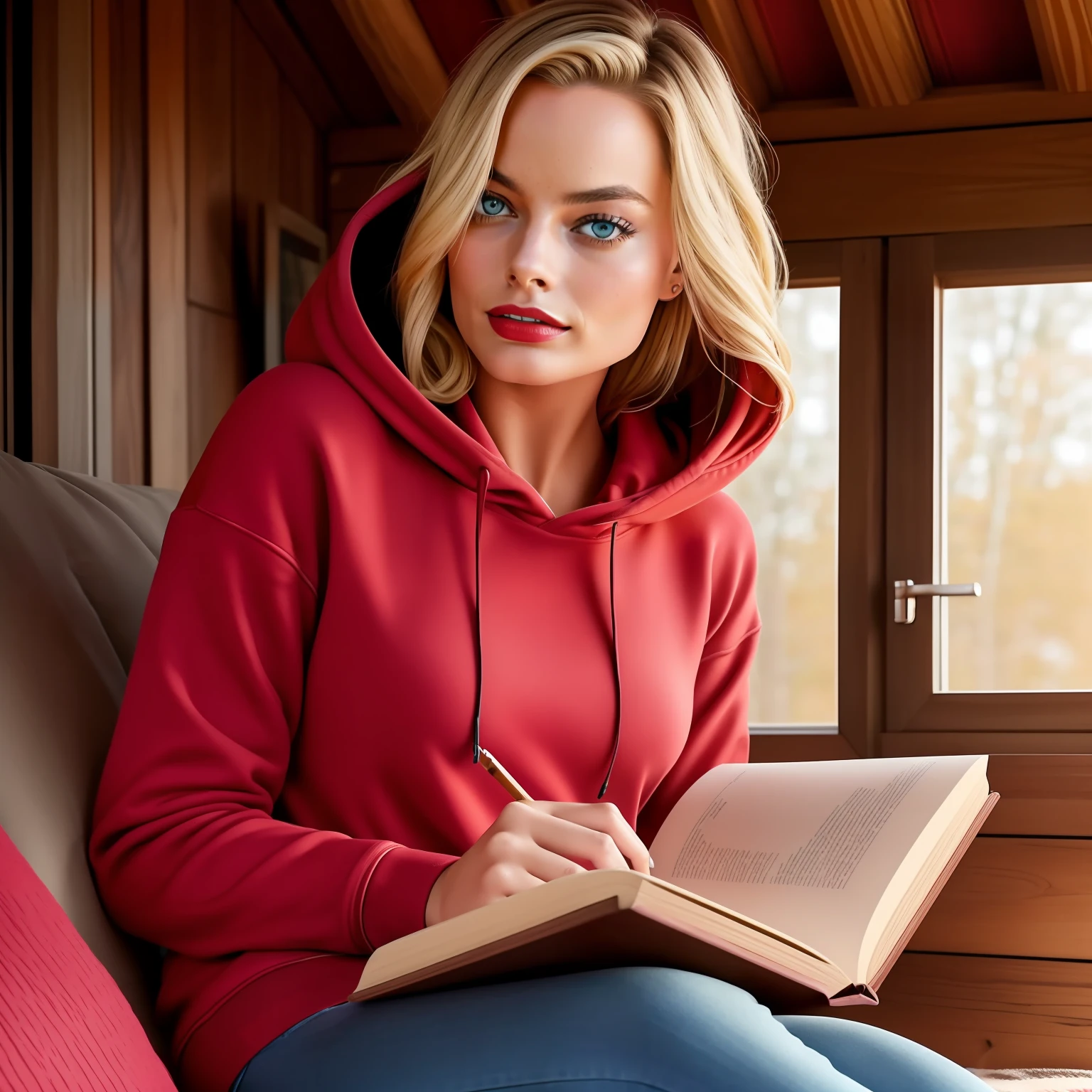 Margot robbie, cute, beautiful eyes, cozy, cabin, hoodie, reading book, looking at viewer, red lipstick, serious