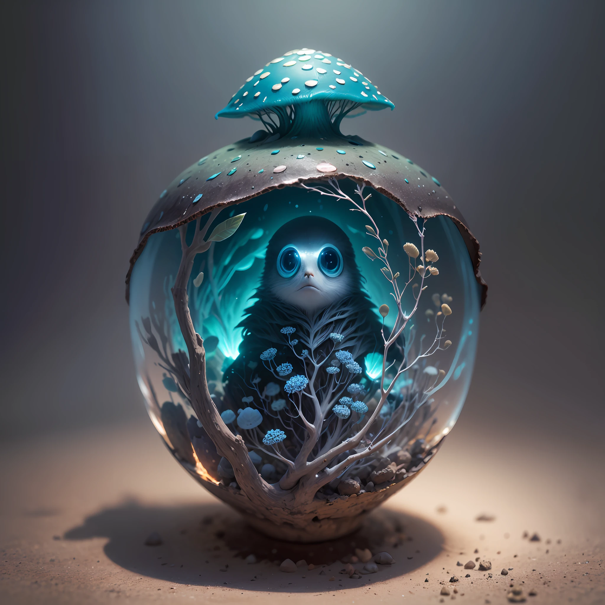 Generate images of creatures with humanoid body structures, But mainly composed of fungal elements. Its head resembles a big head, Dome-shaped crystal spring flower mushroom cap, fanciful, Colorful, Decorated with a luminous speckled pattern. Its arms are long, Flexible tendrils sprout from the shoulders, Able to be as vertical as a human hand. And not legs, It has a single, Thick, The dendritic stems are rooted in the ground. Its face is a small cluster, Bioluminescent spheres embedded in the bottom of the lid, Arranged in a way reminiscent of human facial features. photo-realism, ultra - detailed, 4K, A high resolution