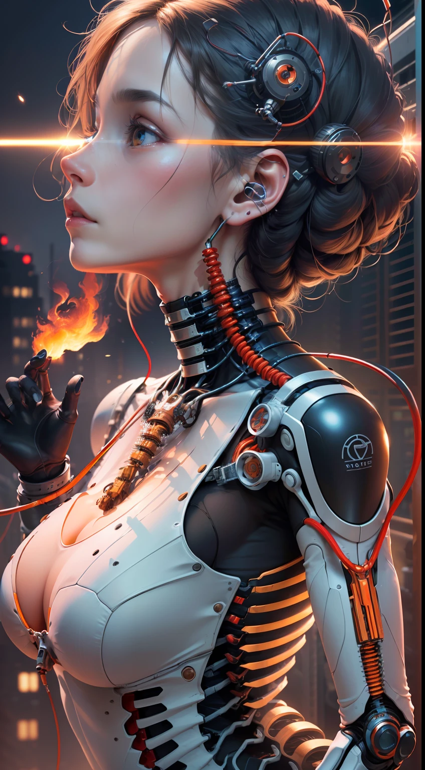 (((masterpiece))), (((best quality))), ((ultra-detailed)), (highly detailed CG illustration), ((an extremely delicate and beautiful)),(from side),cinematic light,((1mechanical girl)),solo,half body,(machine made joints:1.2),((machanical limbs)),(blood vessels connected to tubes),(mechanical vertebra attaching to back),((mechanical cervial attaching to neck)),(sitting),expressionless,(wires and cables attaching to neck:1.2),(wires and cables on head:1.2)(character focus),science fiction,city background, extreme detailed,colorful,highest detailed,(face shadow (extra detailed,best performance)), laser eyes (detailed red))fire in holes of hands)