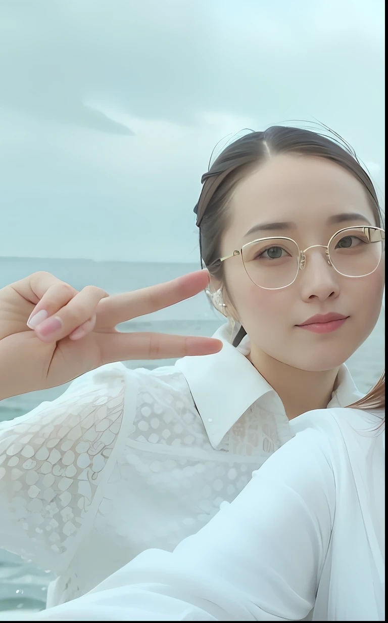 There is a woman posing for a photo on the boat, dilraba dilmurat, wearing small round glasses, 8k selfie photograph, wearing thin large round glasses, queen of the sea mu yanling, Li Zixin, xintong chen, With glasses, with cute - fine - face, 2 , 2 8 years old