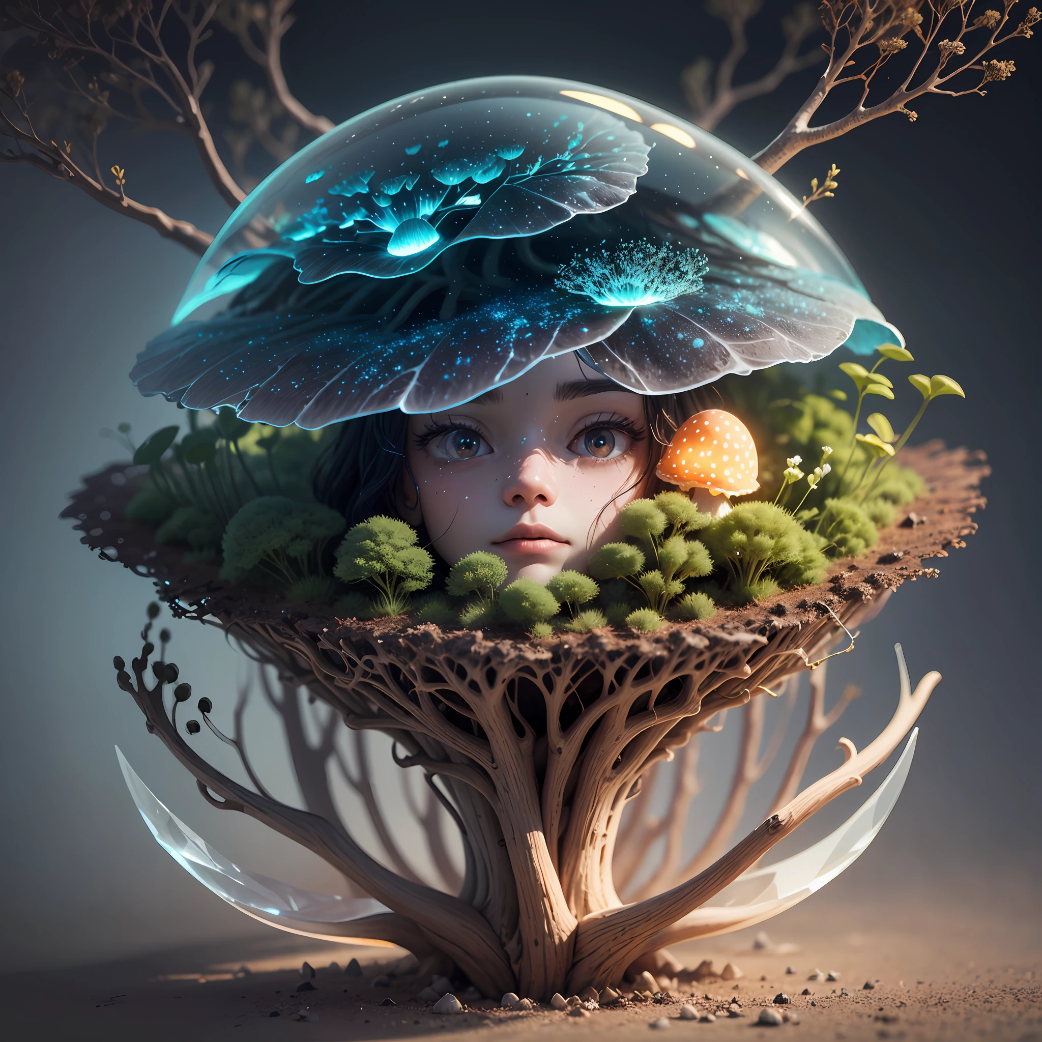 Generate images of creatures with humanoid body structures, But mainly composed of fungal elements. Its head resembles a big head, Dome-shaped crystal spring flower mushroom cap, fanciful, Colorful, Decorated with a luminous speckled pattern. Its arms are long, Flexible tendrils sprout from the shoulders, Able to be as vertical as a human hand. And not legs, It has a single, Thick, The dendritic stems are rooted in the ground. Its face is a small cluster, Bioluminescent spheres embedded in the bottom of the lid, Arranged in a way reminiscent of human facial features. photo-realism, ultra - detailed, 4K, A high resolution