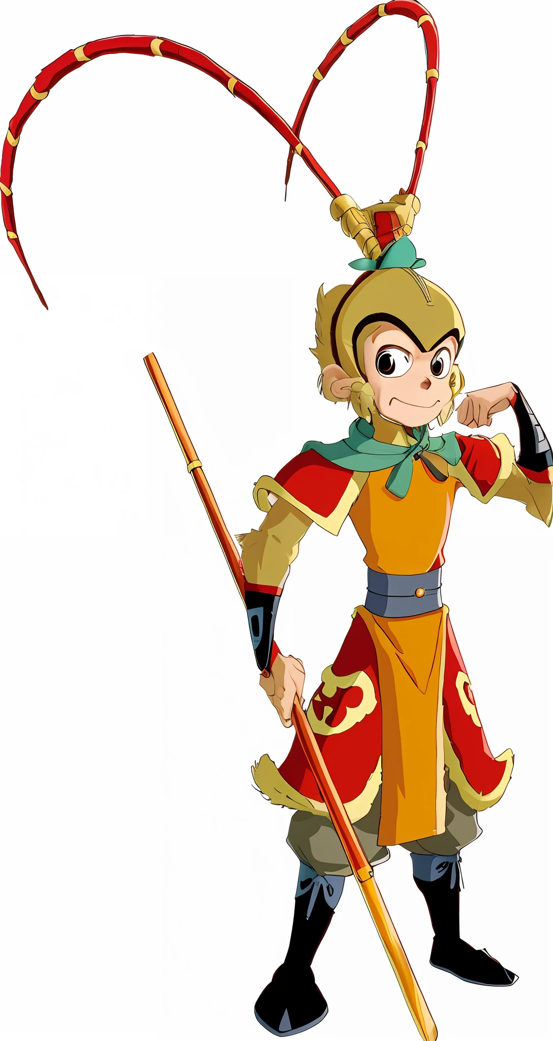 A cartoon character of a man in armor and holding a stick,Journey to the West Monkey King, Wukong, 1boys, 独奏, malefocus, A detailed eye, Shadowed face, fur chest,armour,blue clothes, Illustrator,Vector illustration, tmasterpiece,,8K,super detailing,