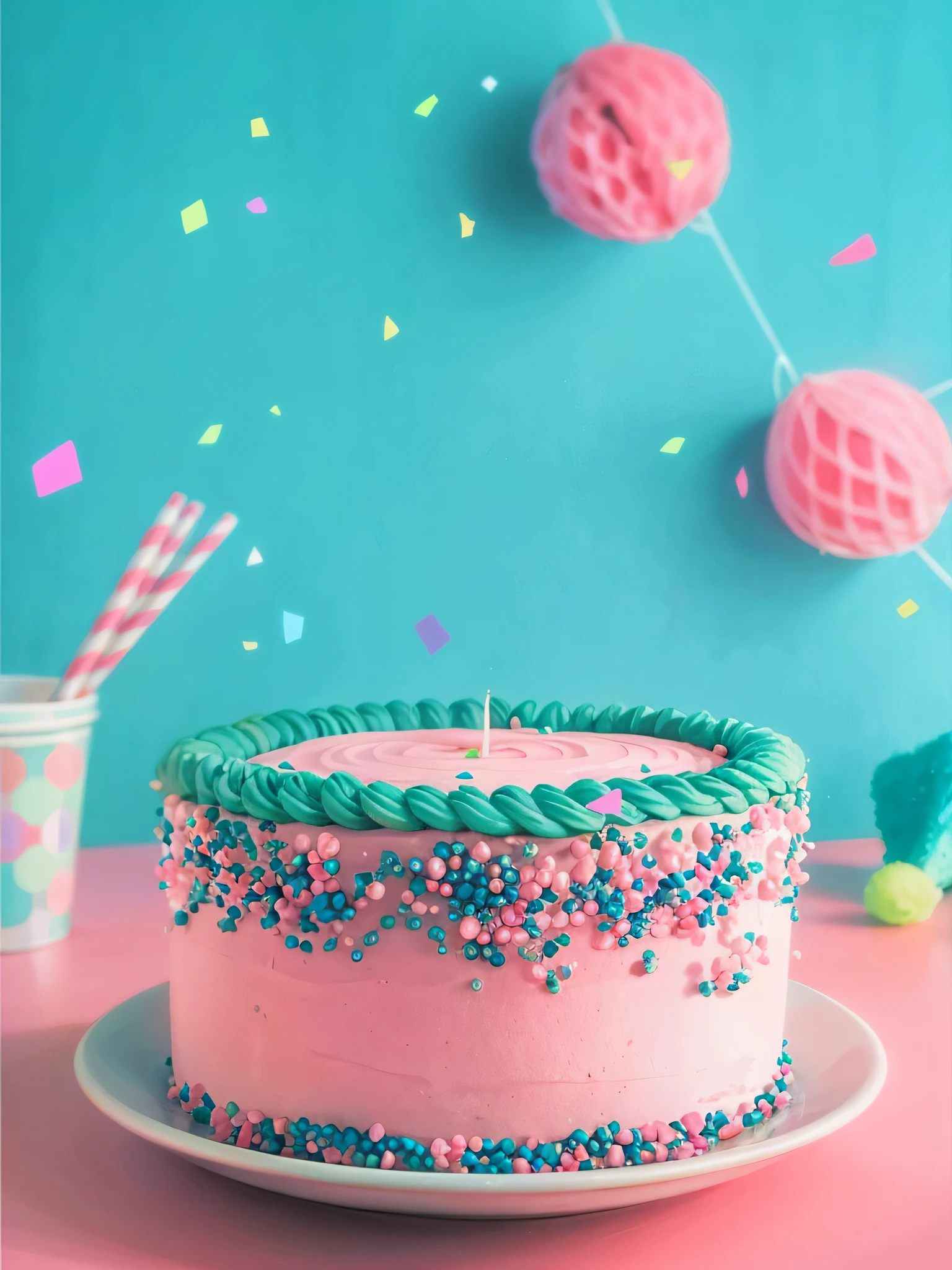 There is a pink cake with blue icing and sprinkles on a plate, rosa e azul-marinho, teal e rosa, birthday cake, turquesa rosa e verde, cor rosa e azul, salpicos de cor azul e rosa, paleta de cores rosa e azul-marinho, coberto de borrifos e migalhas, rosa e azul, azul e rosa, nas cores rosa quente e ciano, Turquoise and pink lighting, fundo escuro