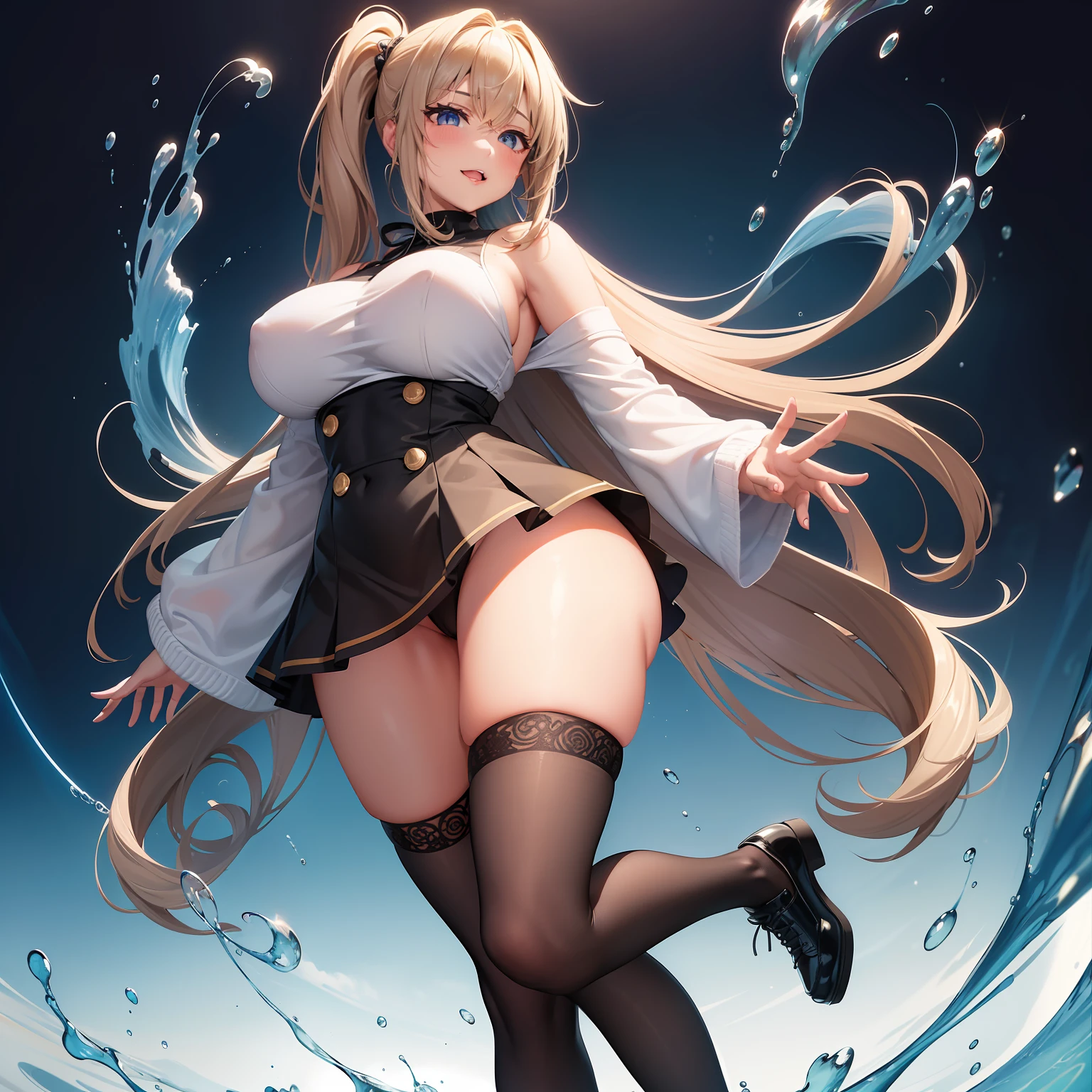 high image, super detail, high resolution, anime, manga, illustration, black knee high socks, thighs, beautiful woman, amorous expression, seductive look, laugh like a prankster, happy, shy, alluring moist half open lips, flowing layered messy half-up knitting light brown ponytail hair style, sparkling blue eyes, huge breasts, under boob, great proportion, perfect proportion, slender, full body, knit dress flared mini skirt