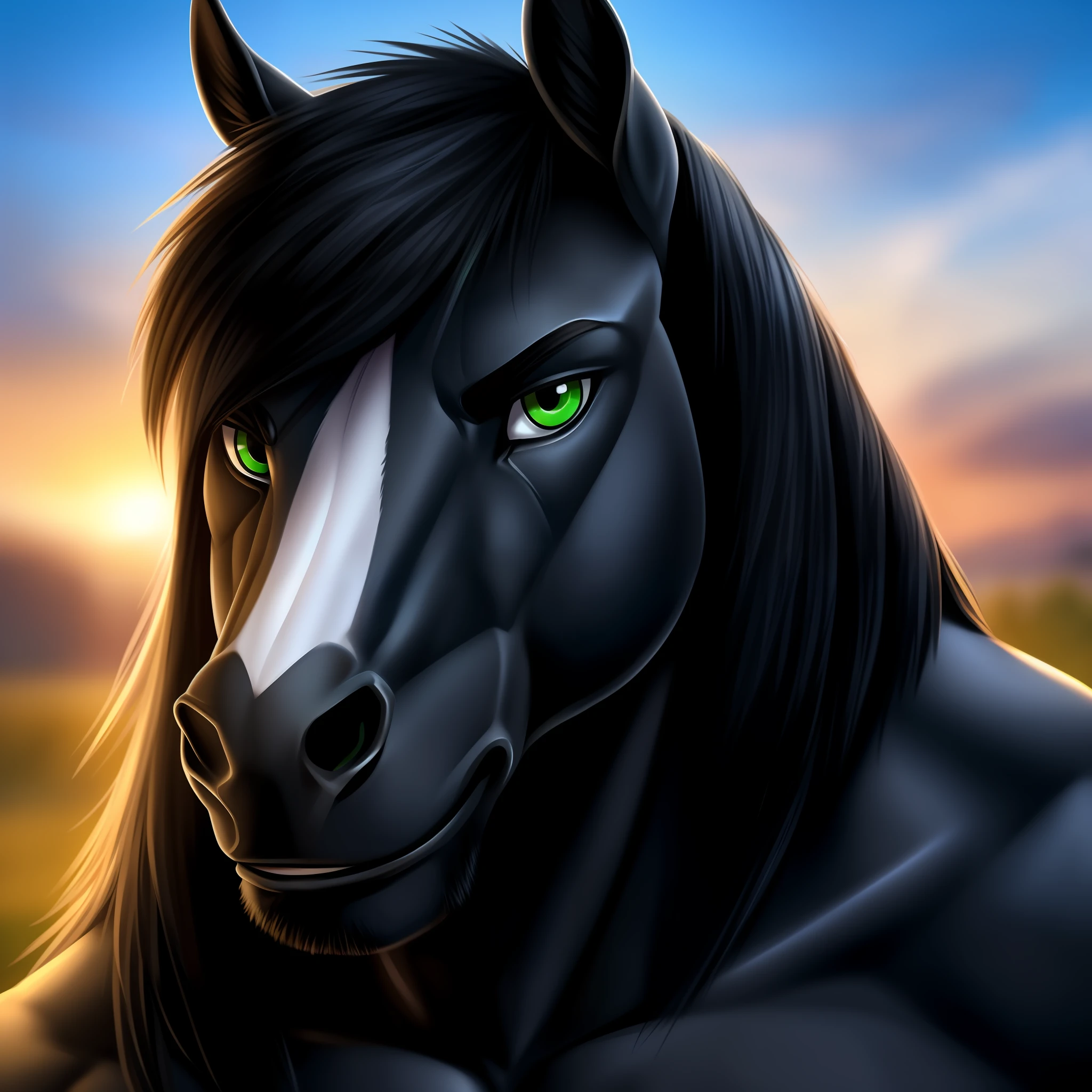 Horse, portrait, male, ((black fur)),anthro , (green eyes), headshot, hdr, icon, look to camera, muscled body, big pecs, (((pefect anatomy))) ((shoulders lined up)) (shown half of the chest)