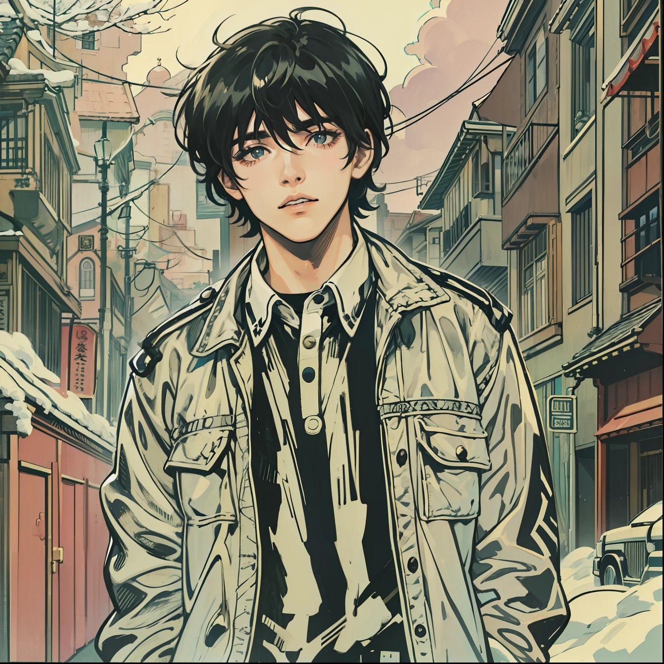 anime anos 80, rapaz gotico 18 anos, cabelo preto, cabelo crespo, cabelo curto, roqueiro, camisa da banda Joy Division, anos 80, anos 90, Boy standing, aesthetic, lofi, garoto rock n roll, pele clara, cabelo crespo preto, 1boy, de fundo cidade grande com neve, standing in street, carros e predios de fundo