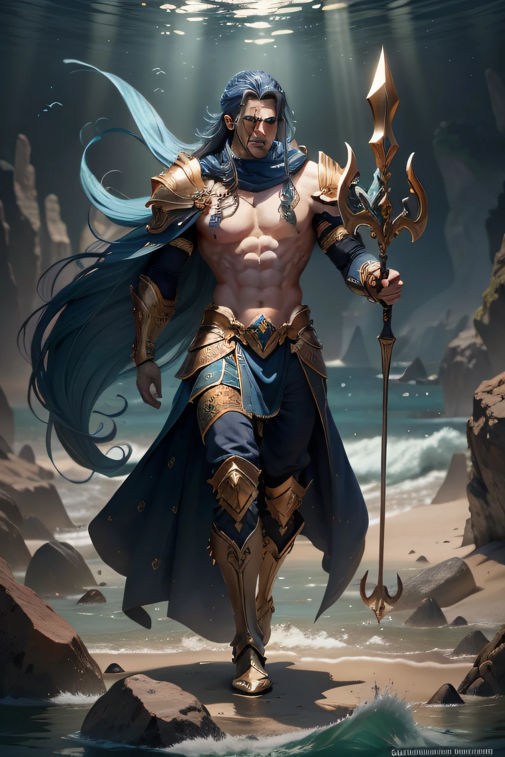 a male of the Triton breed, com longos cabelos pretos, Olhos azuis do oceano, vestindo armadura azul marinho com detalhes dourados, armadura completa, segurando um belo tridente dourado cravejado com joias, desenho realista, Desenho estilo RPG DnD, attention to detail, scenery is the bottom of the sea, corpo inteiro, anatomicamente correto, flutuando no oceano, rosto detalhado