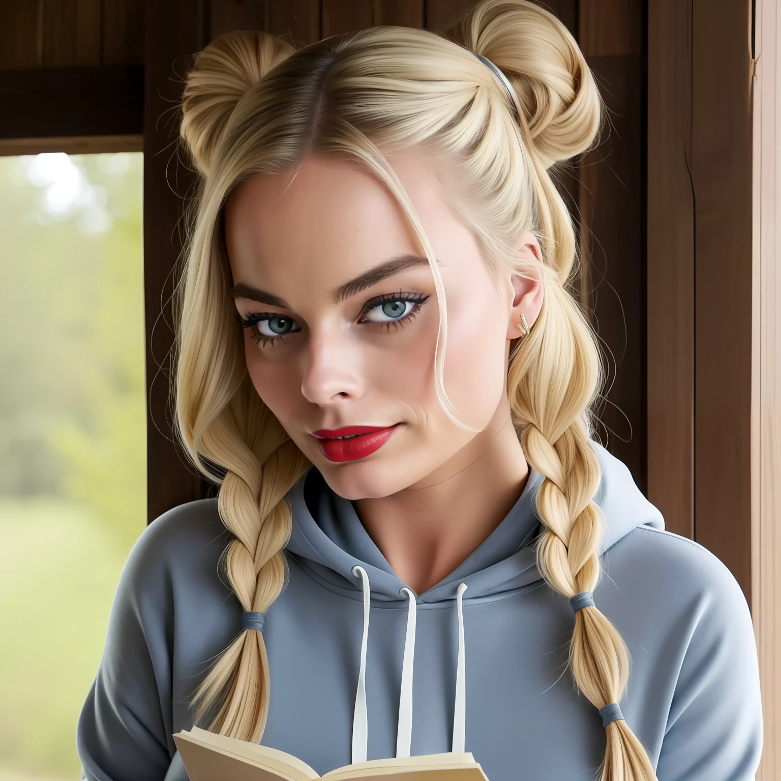 Margot robbie, cute, beautiful eyes, cozy, cabin, hoodie, reading book, looking at viewer, red lipstick, serious, big tits, beautiful tits, pigtails