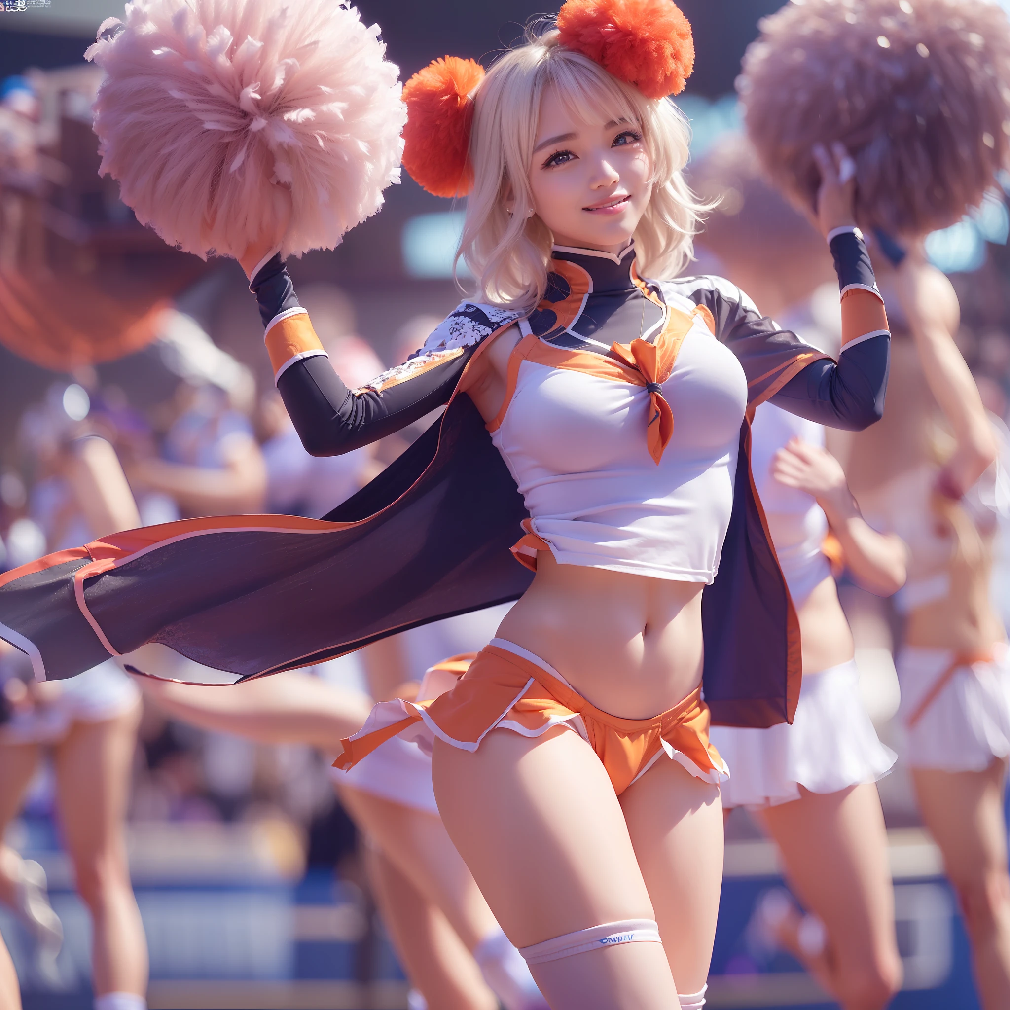 ((Alafed Asians pose dynamically with pom-poms in stadium:raise one leg、((very large breast:1.2))、cheer leading:Raise one leg、Solo Pose:there is nobody else、a closeup、cosplay foto、Realistic shooting, top-quality, hight resolution, (​masterpiece), (Photorealsitic:1.4), professional photograpy, foco nítido, nffsw, 8K, intricate detailes,  depth of fields, the Extremely Detailed CG Unity 8K Wallpapers, front lit,beautiful supermodel, A smile、A slender、Small Cheer Uniform、