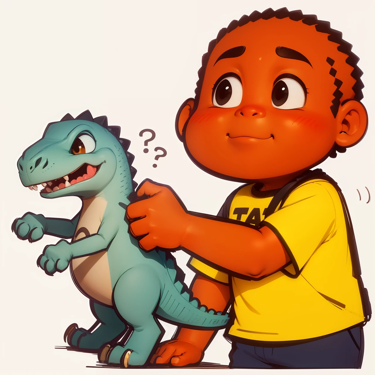  ,playing with REX DINOSAUR in hand, serious expression, angry expression, cabelo preto , olhos pequenos, olhos negros, pele afro, estilo disney, Pixar, corpo inteiro, fofo, sorridente, camisa amarela com desenho, Motor irreal, circunstanciado, Ultra high definition, 8k, - -q 1 - -v 4 desenho animado de um meninoma camisa amarela,menino de perom com um sorriddente, rosto alegre, imagem dos desenhos animados, Aprovado, with a happy expression, warm friendly expression, Umamusume, menino fofo, persode desenho animado, estilo Disney-Pixar 3D, polegar para cima, menino novo, soy fan de  cartunesco bonito, dentes completos, sem efeitos, --auto