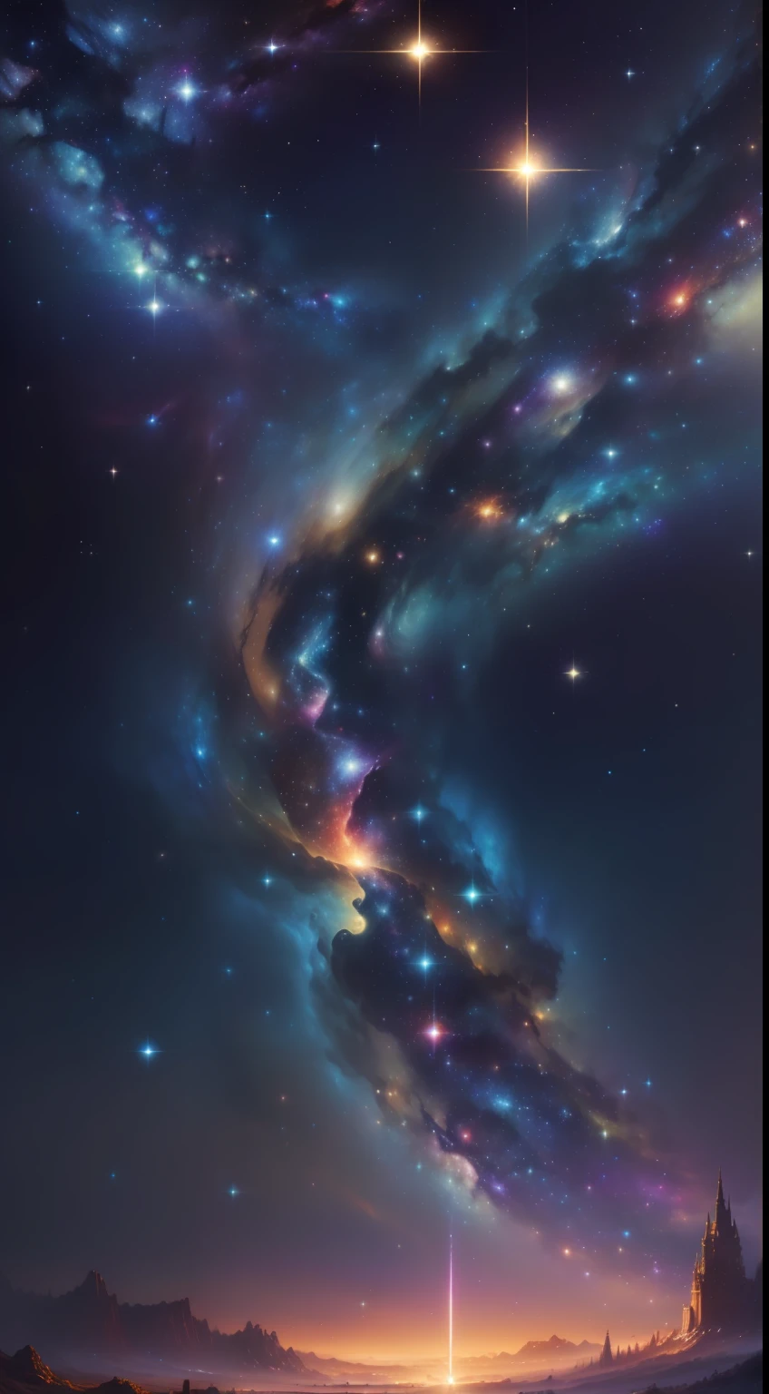((masterpiece)),((best quality)), 8k, high detailed, ultra-detailed, It shows the gorgeous scene of the starry sky((Vast and spectacular), (Stars shine), (Wonders of the universe))(Countless twinkling stars are shown in the picture,Fill the entire sky,It constitutes a beautiful starry sky scene in the universe)(Starlight fills the picture,Shimmering with a variety of colors and brightness,It creates an atmosphere of mystery and grandeur)(This picture immerses people in the wonder of the universe,Feel the endless vastness and mysterious power of the universe,Arouse people's desire to explore the universe and the spirit of exploration)