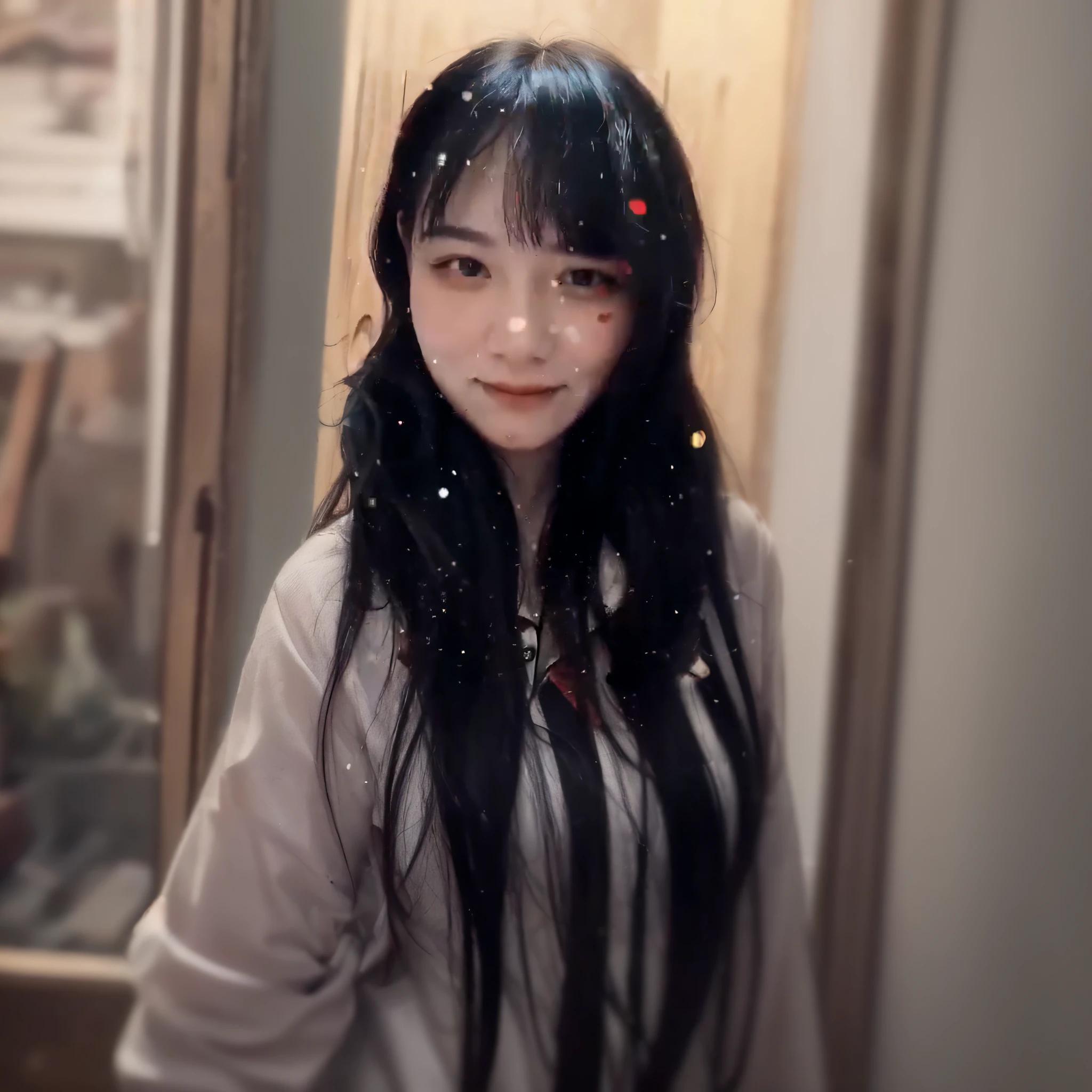 a close up of a woman with long black hair and a white shirt, Ruan cute vtuber, She has a cute face, she has a cute expressive face, inspired by Ma Yuanyu, tiktok video, with cute doting eyes, clear cute face, with cute - fine - face, with round face, low quality video