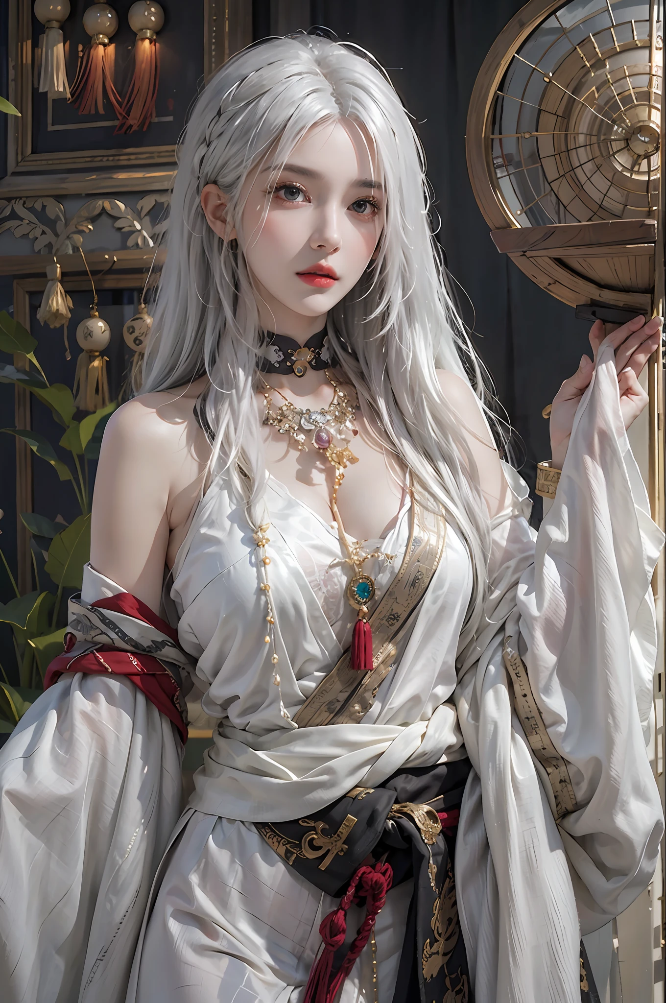 photorealistic, high resolution, 1women, solo, hips up, look at viewer, (detailed face), white hair, long hair, Taoist robe,oversized clothes, jewelry, midjourney portrait