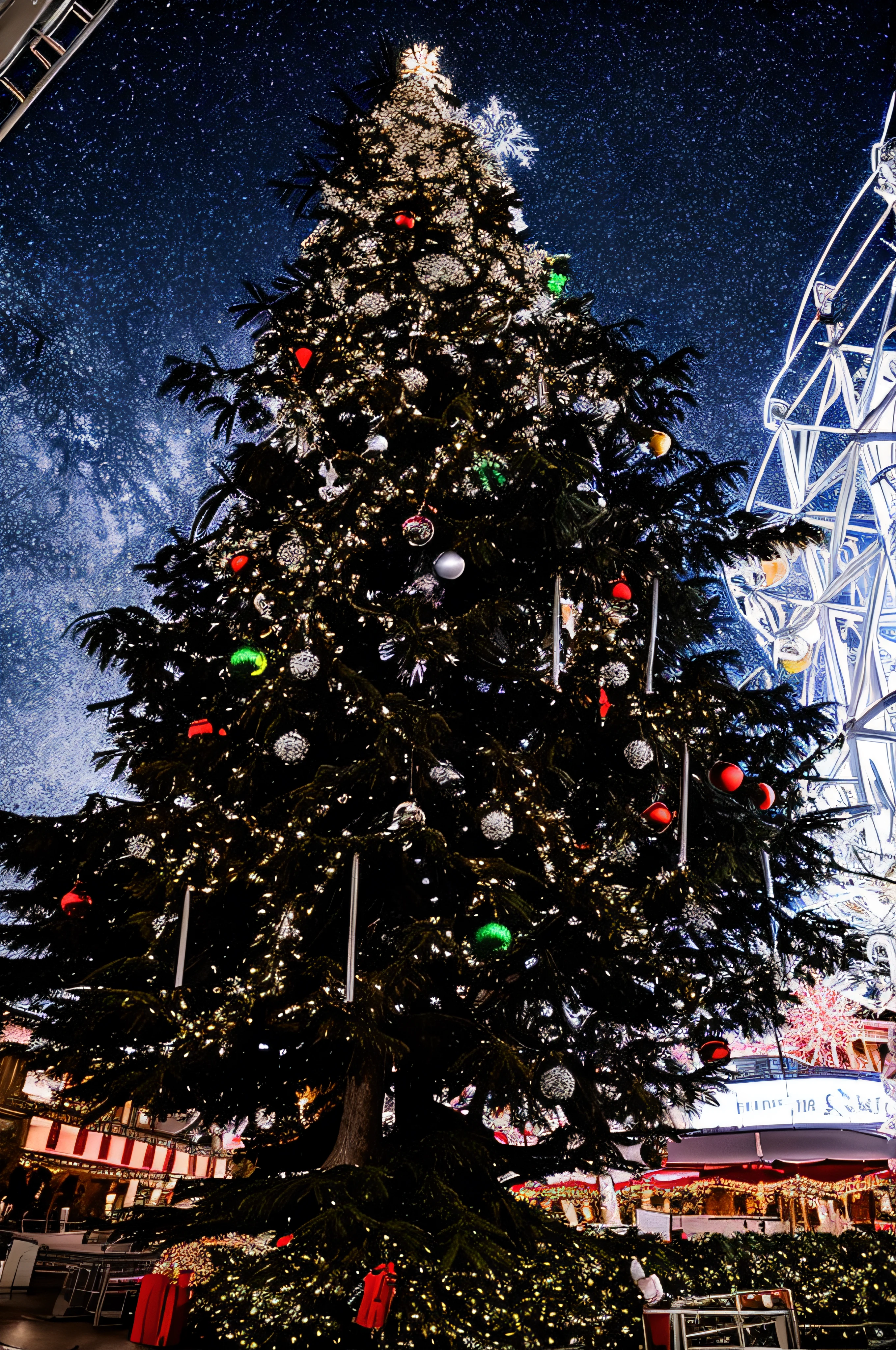 Arafe's Christmas tree with lights and decorations in front of the Ferris wheel, Giant Silver Tree, the photo shows a large, Christmas tree, christmas night, Beautiful tree, with a tall tree, Giant white tree, Central tree, big tree, taken with sigma 2 0 mm f 1. 4, World Tree, Huge central tree