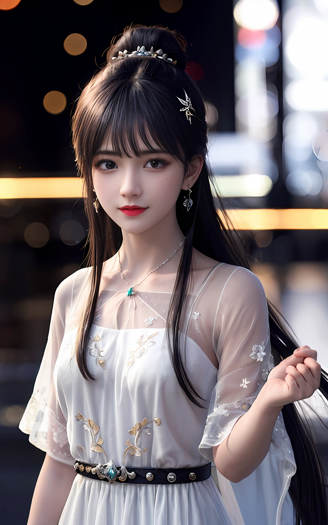 (realisticity: 1.2), best quality, masterpiece, highres, cg,
1girl, weapon, sword, long hair, dress, water, solo, jewelry, white dress, earrings, hair ornament, splashing, upper body super realistis, hair bun, black hair, city bacgraun realistis,
lighting,candid, Photograph, high resolution, 4k, 8k, Bokeh,