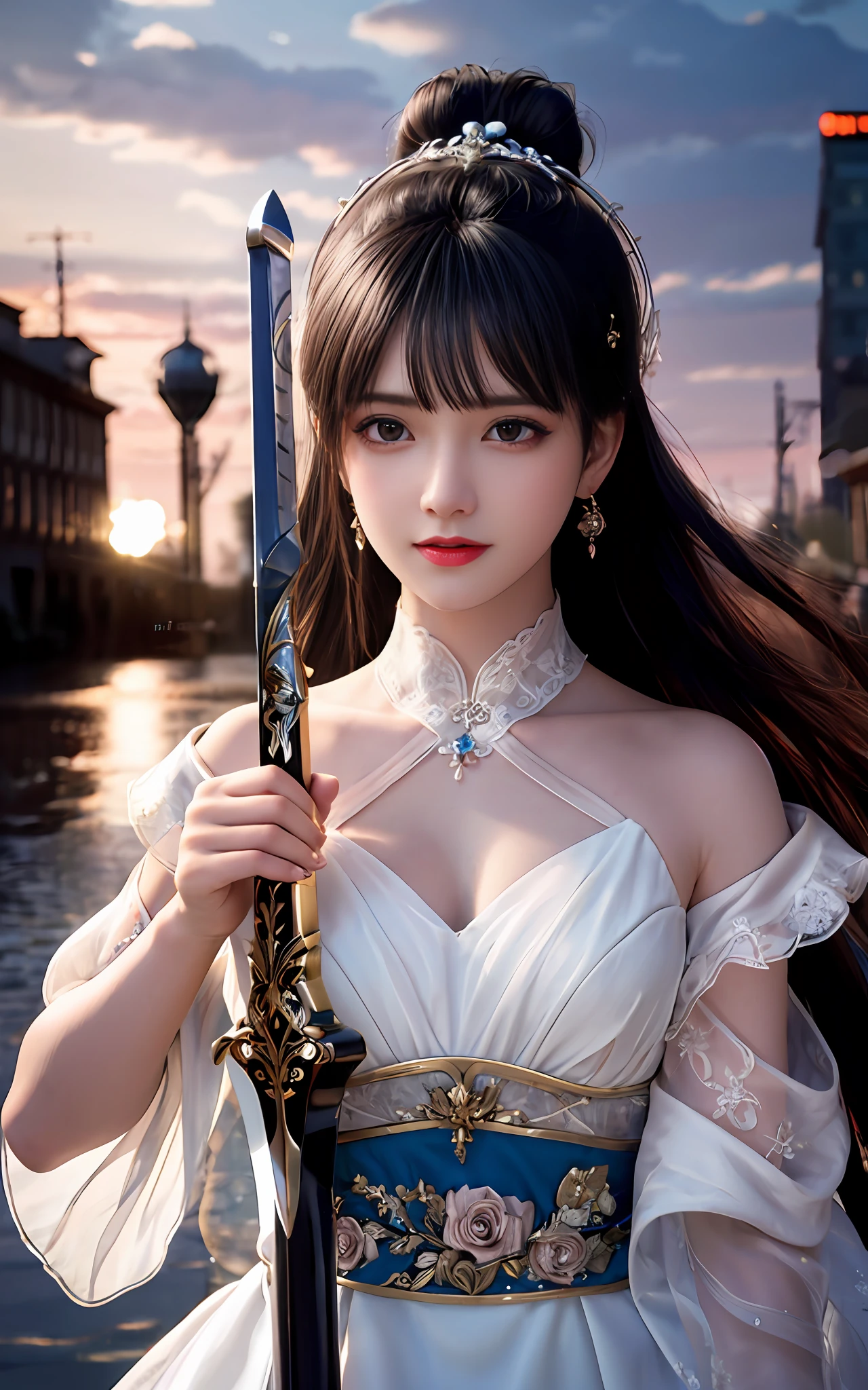 (realisticity: 1.2), best quality, masterpiece, highres, cg,
1girl, weapon, sword, long hair, dress, water, solo, jewelry, white dress, earrings, hair ornament, splashing, upper body super realistis, hair bun, black hair, city bacgraun realistis,
lighting,candid, Photograph, high resolution, 4k, 8k, Bokeh,