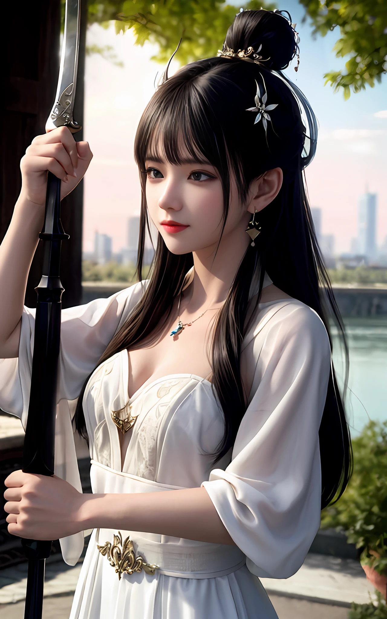 (realisticity: 1.2), best quality, masterpiece, highres, cg,
1girl, weapon, sword, long hair, dress, water, solo, jewelry, white dress, earrings, hair ornament, splashing, upper body super realistis, hair bun, black hair, city bacgraun realistis,
lighting,candid, Photograph, high resolution, 4k, 8k, Bokeh,