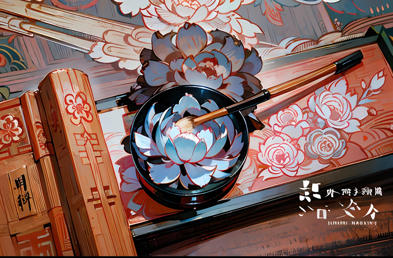 Brush antique，Chinese ancient style，Next to it is a peony flower，Movie lighting，higher details，Top-down view
