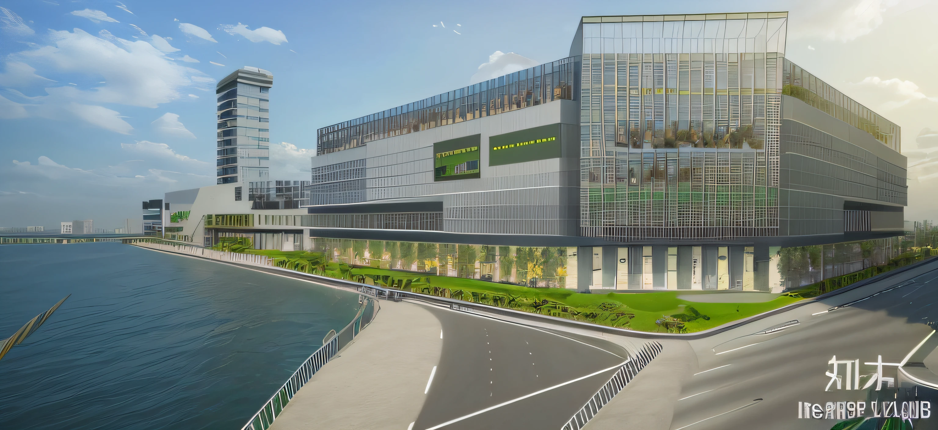 bird's eyes view,Renderings,Rendering,modernn architecture,Surrounding greenery,Streamlined architectural style,archviz , realistic cgi render, CG rendering, skyscrapper, building rendering, Building 3D coloring,Rich shadows,Add characters,A car driving on the road,the street lights,Road centerline,Remove the background,Blue sky on background,Flying birds,Birds have heads,Surrounding greenery,skyscrapper,modern architectural style,bird's eyes view,Community,3Drenderingof,