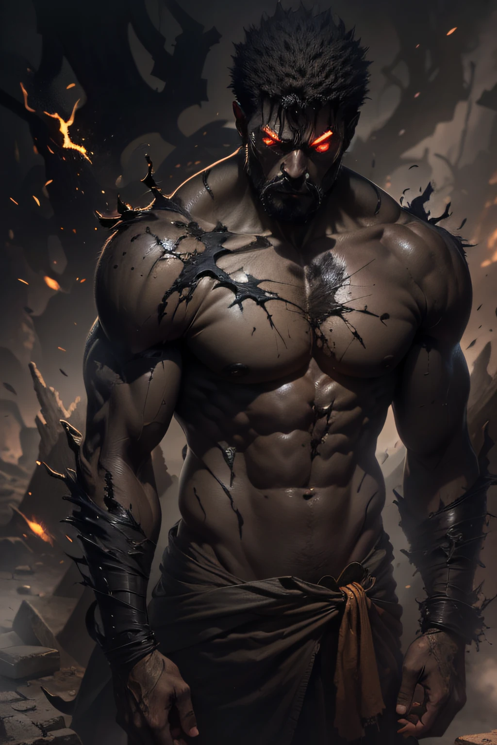 skin from chaos, dark atmosphere, eye explosion inside, humanoide negro feito de pedra, tronco, peito nu, masculino, ((obra-prima, melhor qualidade)), pele rachada, eletricidade branca passando por rachaduras,