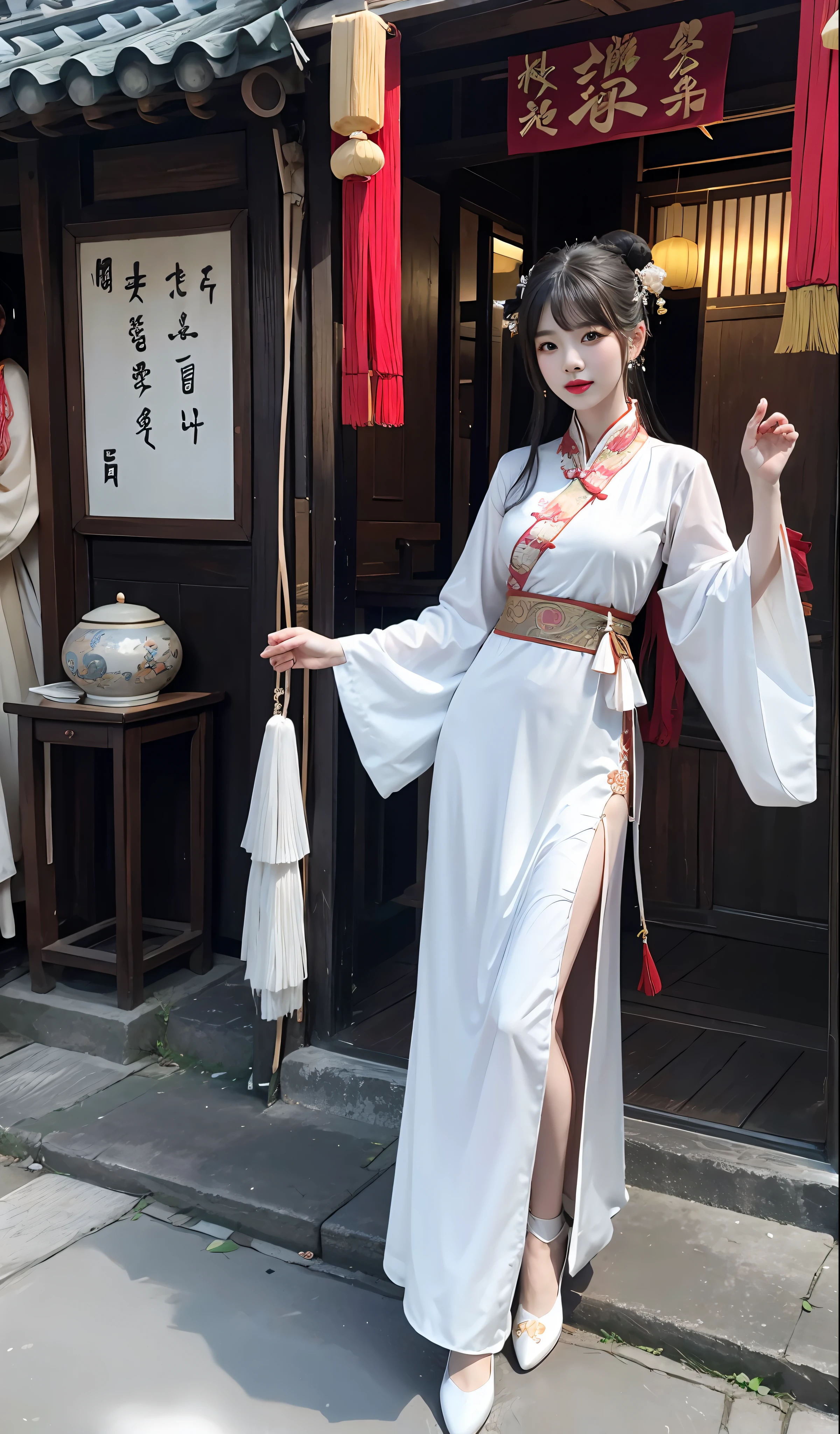 hyper realisitc,Realistis,plumw,Bigchest,slenderlegs,China-style,Hanfu,Tulle clothes,Ancient Chinese street markets,Dignified,ellegance,Noble,Song Dynasty,the Tang Dynasty