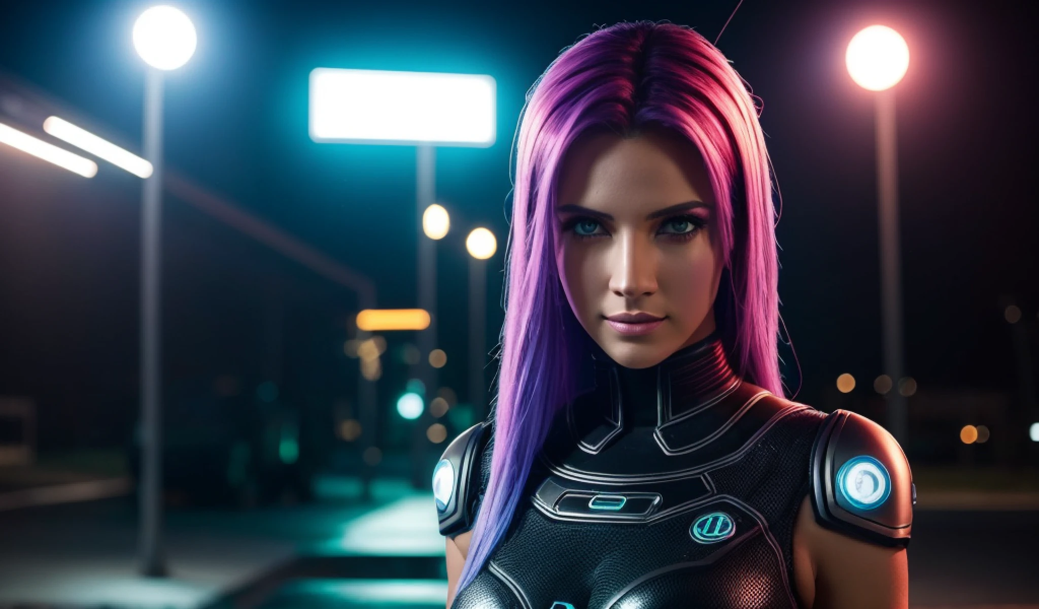 estilo modelshoot, uma mulher cyberpunk de 20 anos em uma cidade futurista de cyberpunk, intrincado, scientific fiction, futurista, rosto feminino, olhos detalhados, cintura para cima, obra-prima de melhor qualidade, fotorrealista, detalhado, 8k, HDR, profundidade de campo rasa, luz ampla, alto contraste, retroiluminação, brilho, brilhos de luz, chromatic aberration, foco nítido, foto colorida RAW