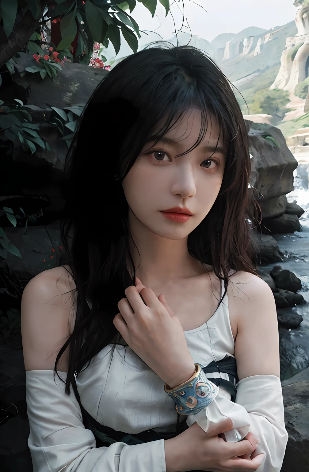 ((Realistic:1.5)),Ulzzang-6500:1.4,((Best quality)), ((Masterpiece)),((Detailed)),2girls,duo,{2 beautiful women}, (Upper body:1.3),Hug and touch each other, Tease your friend's waist, Breathless friends, Biting a friend's earlobe, crouched,super wide shot,Face focus, Long legs,Curvy, Barefoot,Wide hips, Thin legs, Oversized eyes,Long eyelashes, (Detailed face,beautidful eyes, detailedpupils,detailed clothes features, Clear background:1.3), (armlets, bangle:1.3), Mysterious ancient ruins, floresta exuberante, Deep canyon,bridge,River,cliff,Cloud,lakes,Rock music,Waterfalls, Flowers, Grass,grape trees,tree,bright detail,Sharp,Perfect compounding, Intricate, Sharp focus, Dramatic,
