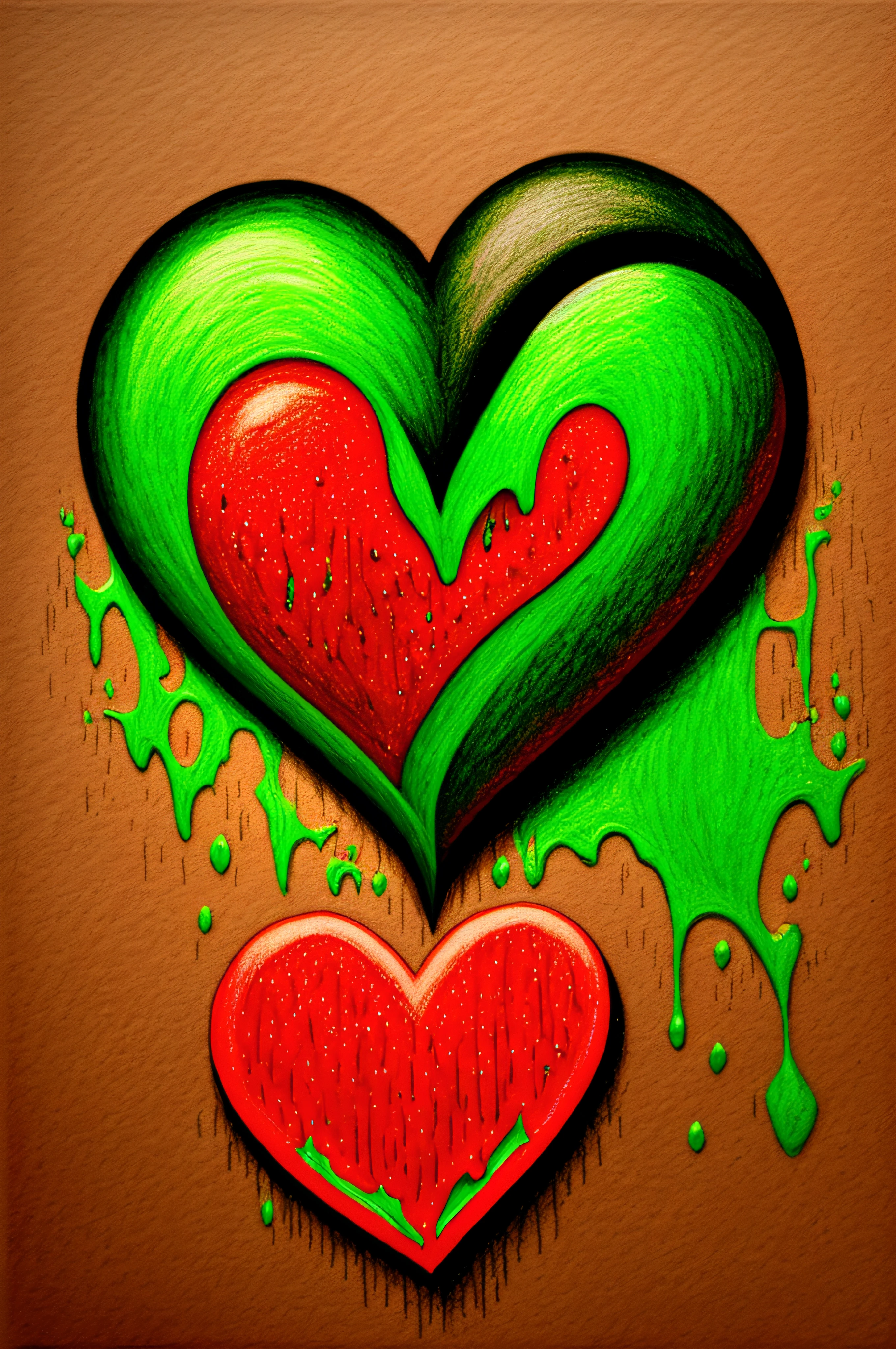 colored pencil drawing (dark brown skin hand) squeezing a red heart, (black and green paint dripping from the top of the heart), painterly, matte paint --auto