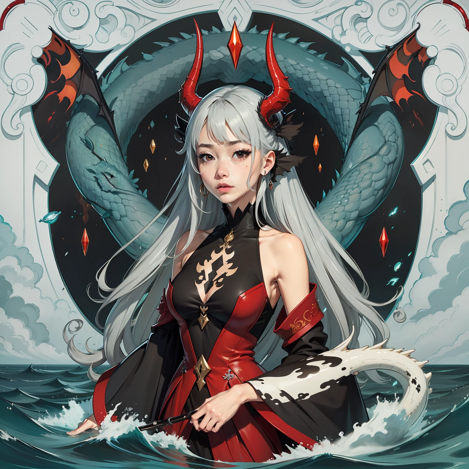 Long gray hair,Flowing sea,Red and black eyes,Beauty mole,Human wife face,Dragon's horn