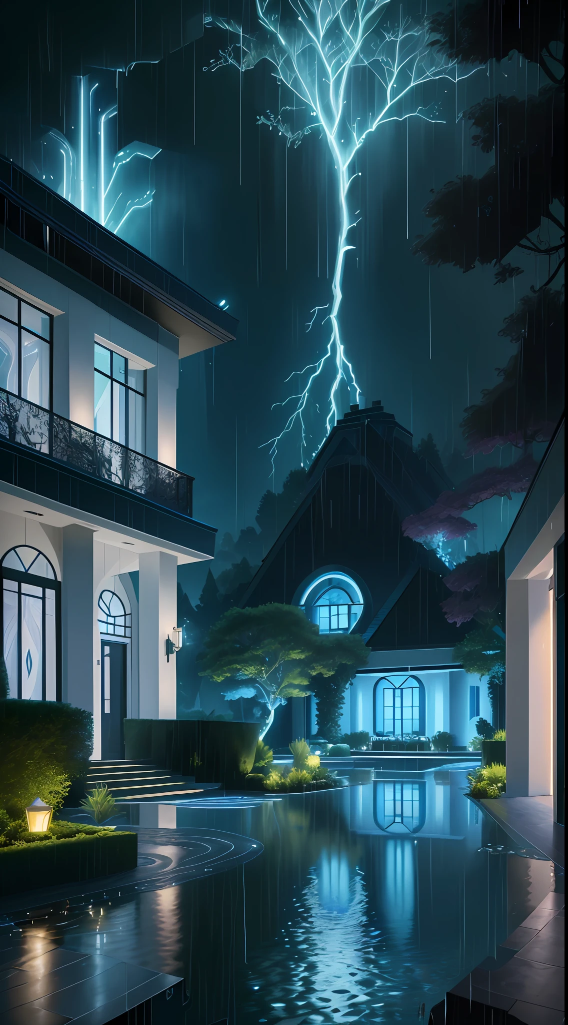 Modern villa on a beautiful lake,Blue lights,Beautiful landscaped grounds in the courtyard,Fantastic villa,New style villa,Amazing wallpapers,Surreal photo,Raymond Han,the night, Cyberpunk new style villa, Well-lit building, early evening, Beautiful and aesthetic, photography of, cinematic ligh, 8K, high detal ((very heavy rain)))