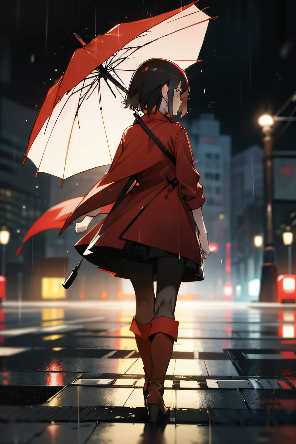 a girl with a red umbrella wearing black boots and a red raincoat, it's raining, blurred city background, city, street, traffic, crosswalk, girl from the back, back, girl holding umbrella, back, behind