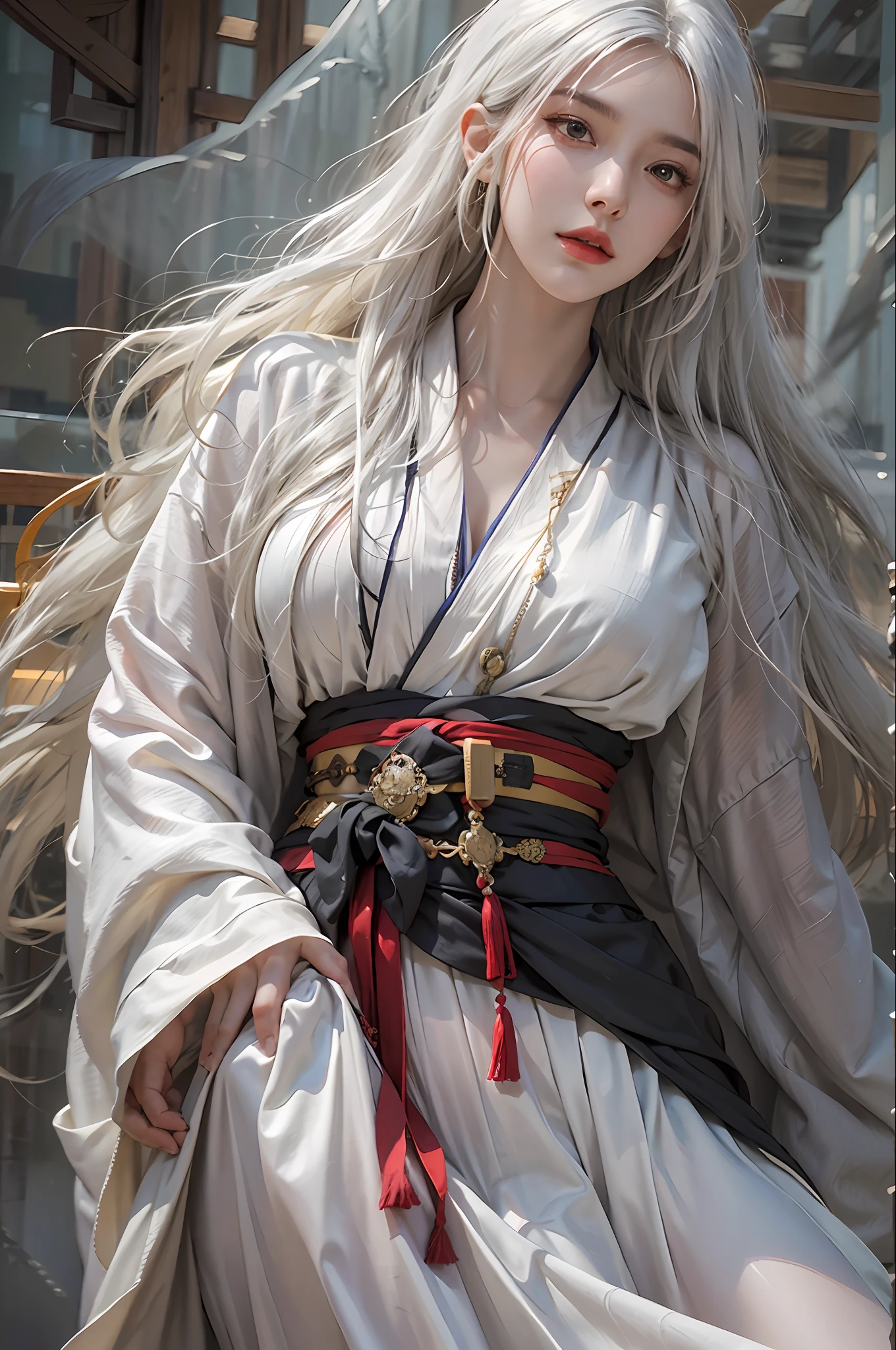 photorealistic, high resolution, 1women, solo, hips up, look at viewer, (detailed face), white hair, long hair, Taoist robe,oversized clothes, jewelry