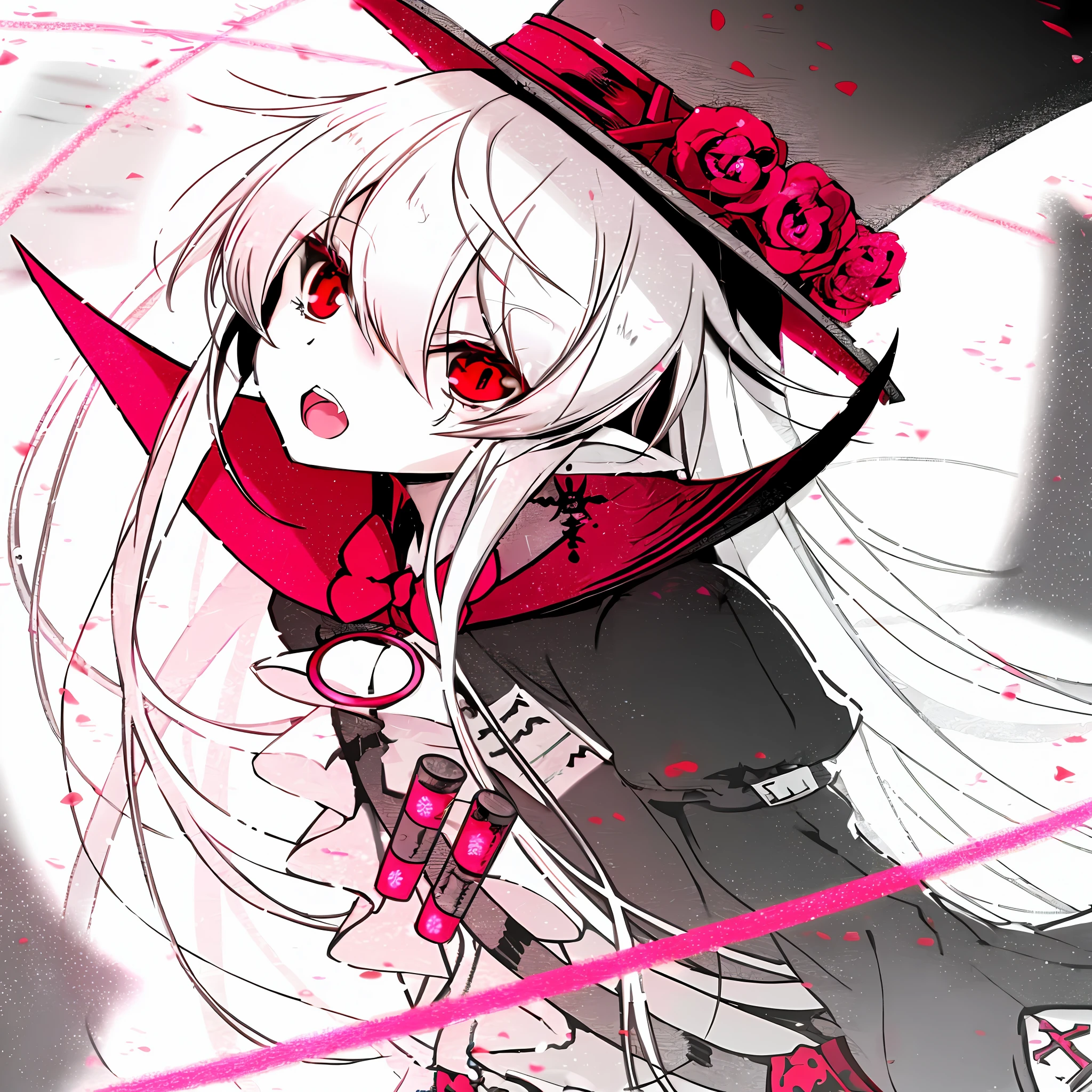 White long hair anime girl wearing top hat holding knife, demon anime girl, zerochan art, gothic maiden anime girl, monochrome and red color bleed, from touhou, gapmoe yandere grimdark, with red glowing eyes, Vampires, zerochan, with glowing red eyes, nightcore, luminous red eyes, lollipop, Bright red eyes
