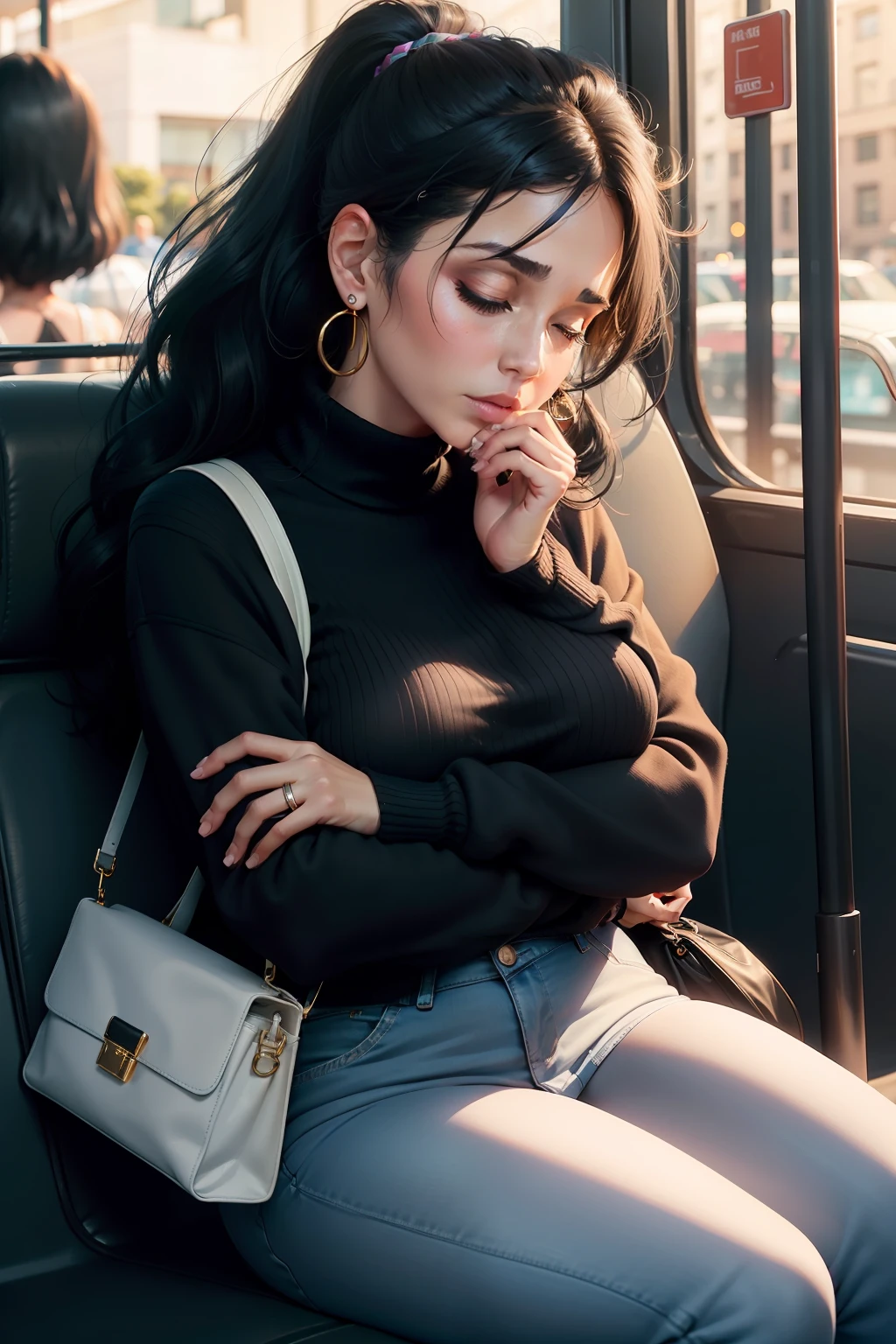1 beautiful woman, large body, senior adult, 50 year old lady, eyes closed, Latina female, made up face, disheveled, long eyelashes, short ponytail, black hair, eyelids made up, eyelids outlined with makeup, mouth open, BLACK SWEATER WITH GREAT NECKLINE, light blue jeans, DARK BLUE JACKET OVER THE SWEATER, small earrings, black bag, asleep with her mouth open, asleep leaning on the bus seat, arms crossed, mouth wide open, nodding.