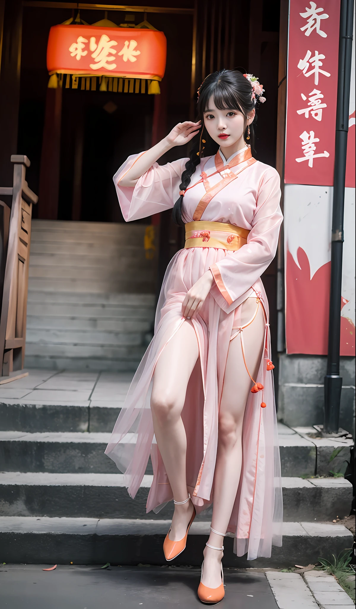 hyper realisitc,Realistis,plumw,Bigchest,slenderlegs,China-style,Hanfu,Pink tulle clothes,Orange tulle clothes,Ancient Chinese street markets,Dignified,ellegance,Noble,Song Dynasty,the Tang Dynasty,adolable,stare into the distance