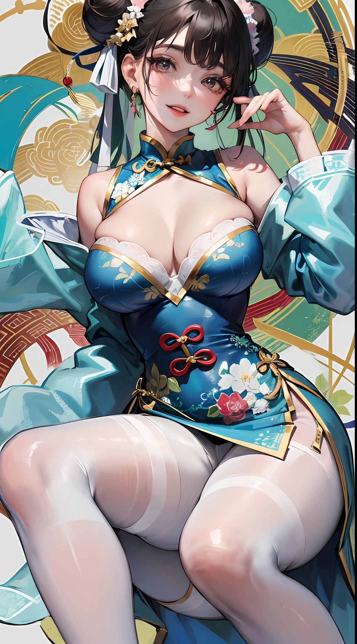 Masterpiece, best, 1 female, blue clothes, blue cheongsam, full body photo, ancient Chinese style, white cloth bun bun, black hair, shoulders, big breasts, slender legs, smile, white pantyhose, pantyhose lace side, white underwear, pale pink lips, embroidered dress