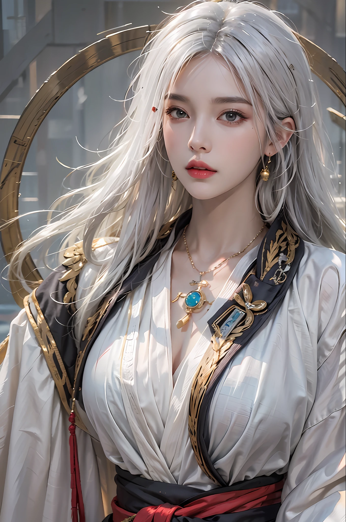 photorealistic, high resolution, 1women, solo, hips up, look at viewer, (detailed face), white hair, long hair, Taoist robe,oversized clothes, jewelry